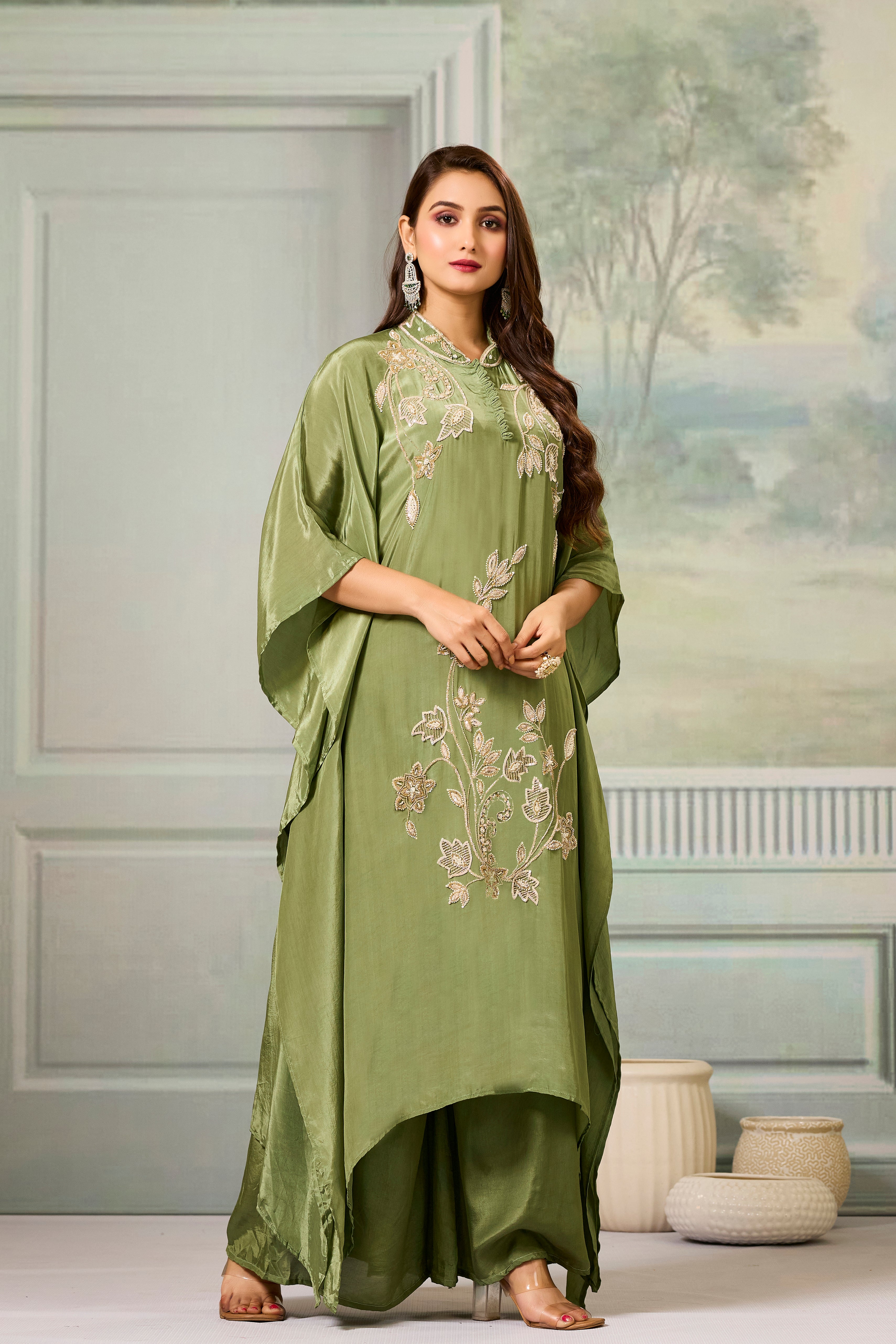 Green Handwork Crepe Silk Kaftan Set