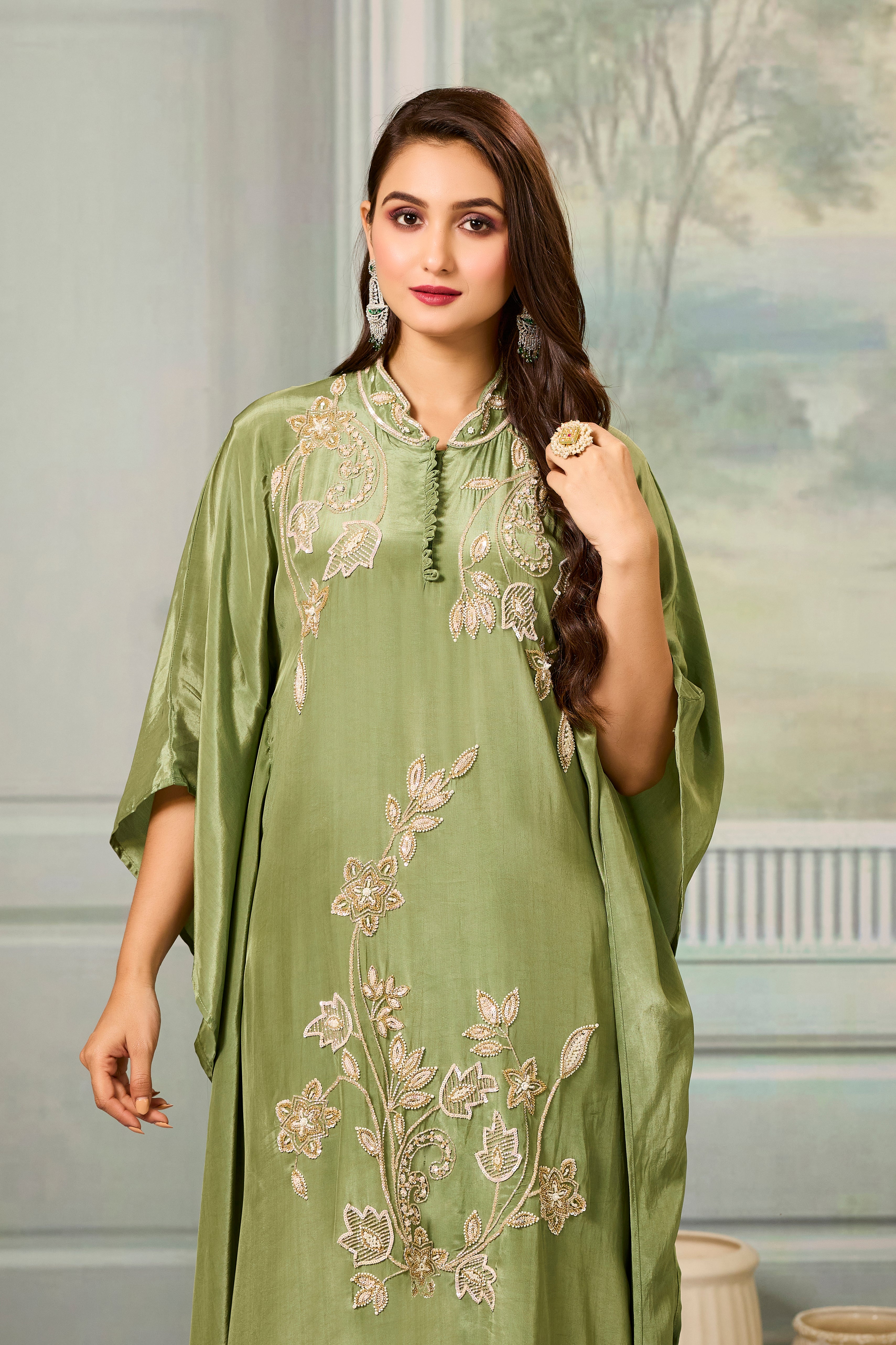 Green Handwork Crepe Silk Kaftan Set