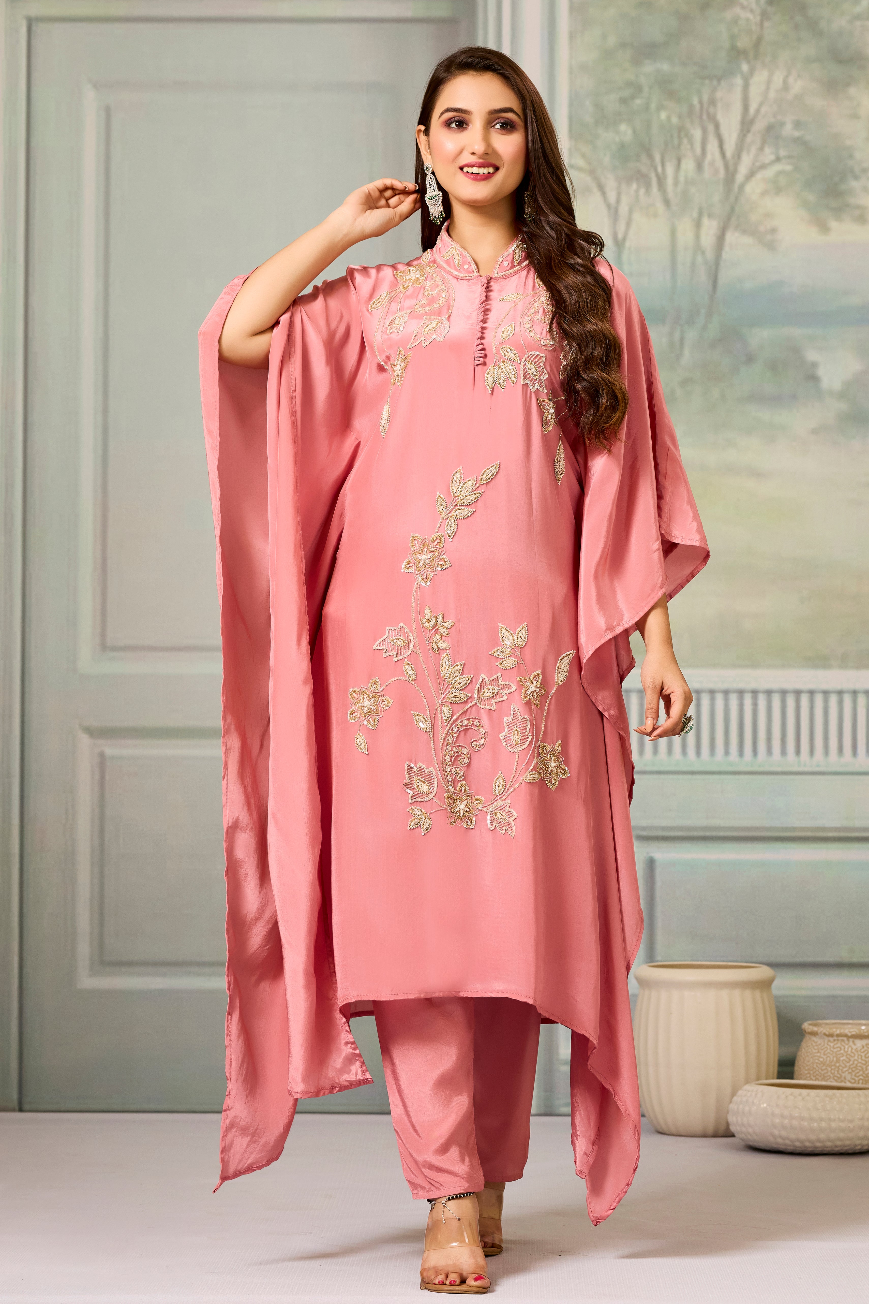 Peach Handwork Crepe Silk Kaftan Set