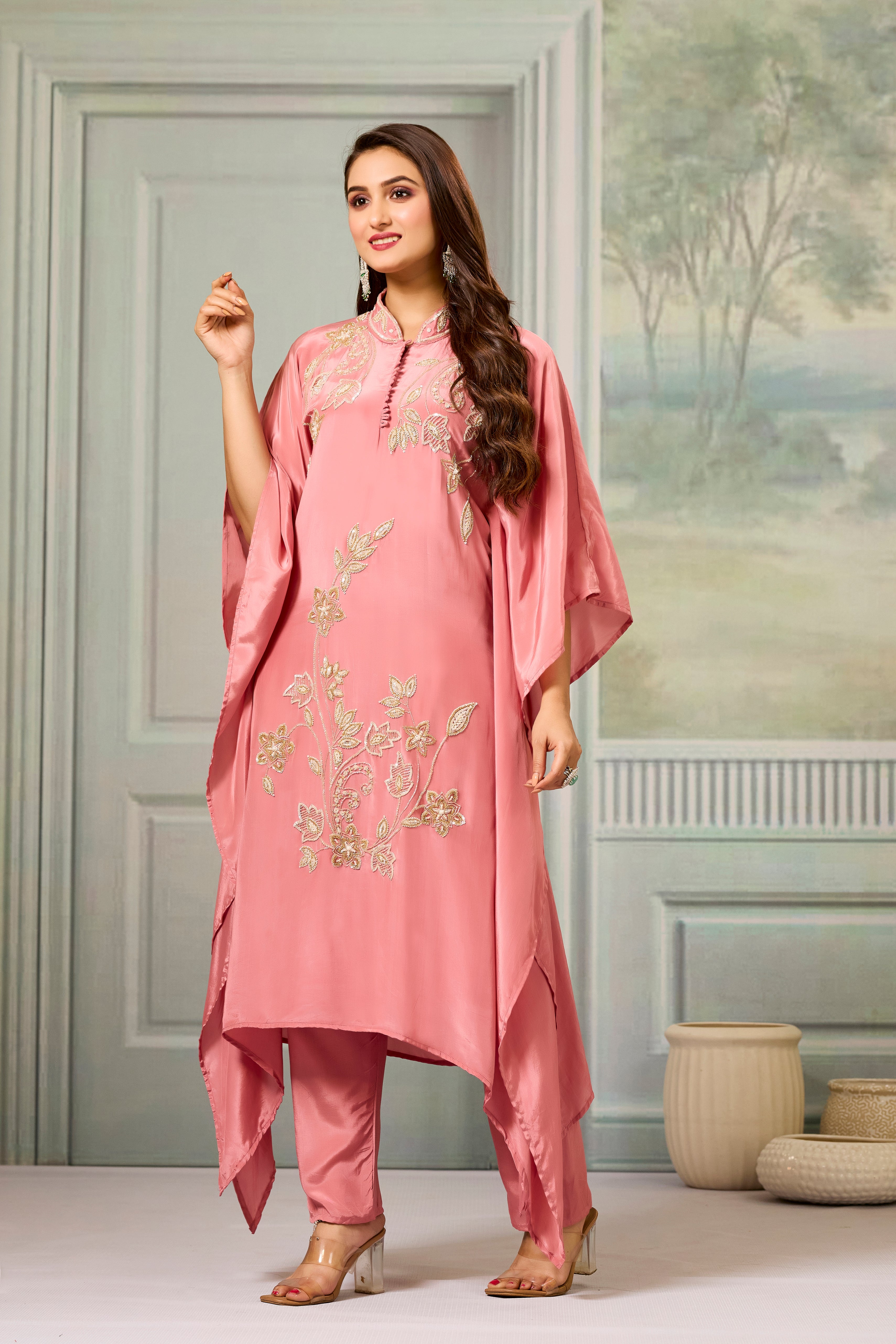 Peach Handwork Crepe Silk Kaftan Set