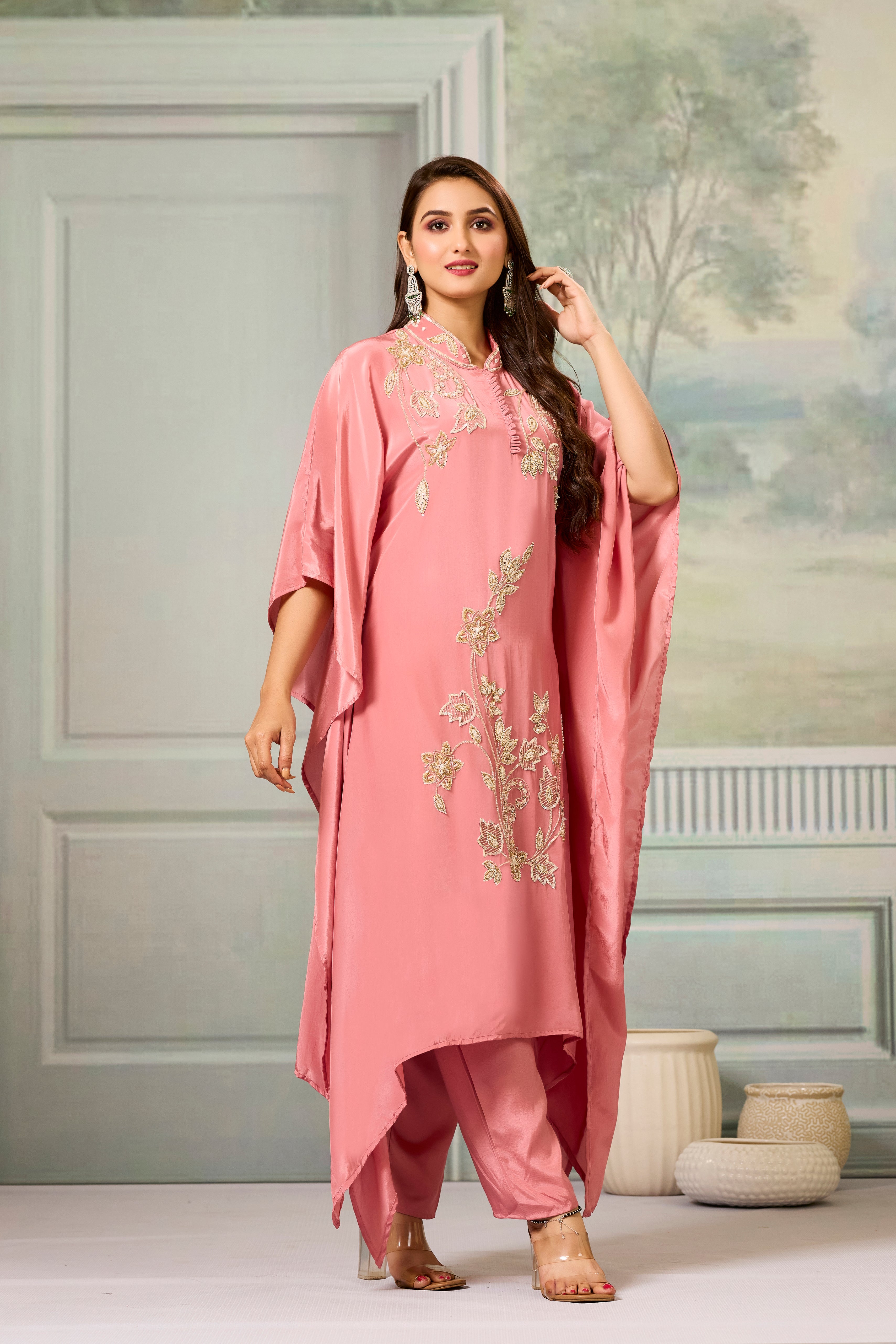 Peach Handwork Crepe Silk Kaftan Set