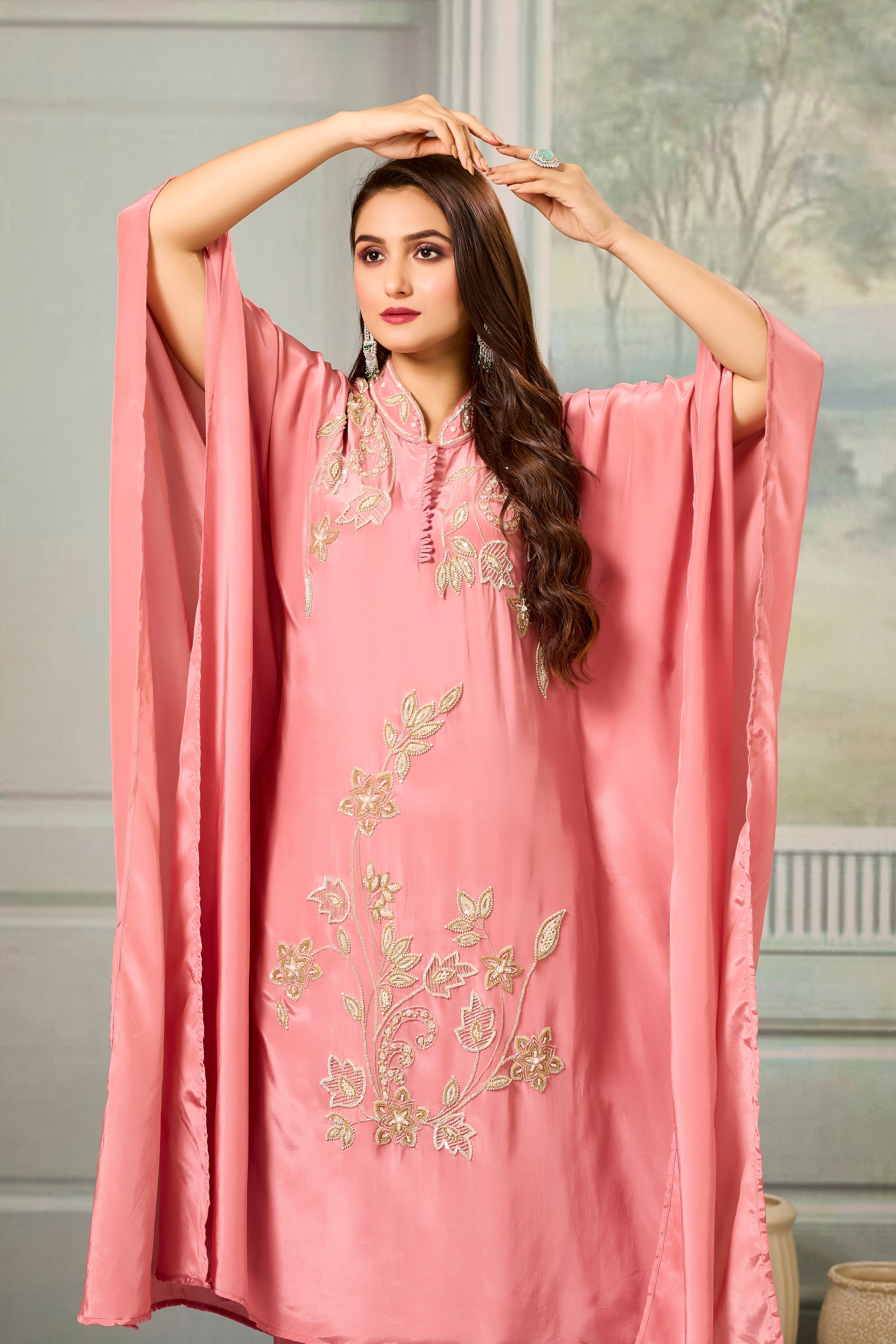 Peach Handwork Crepe Silk Kaftan Set