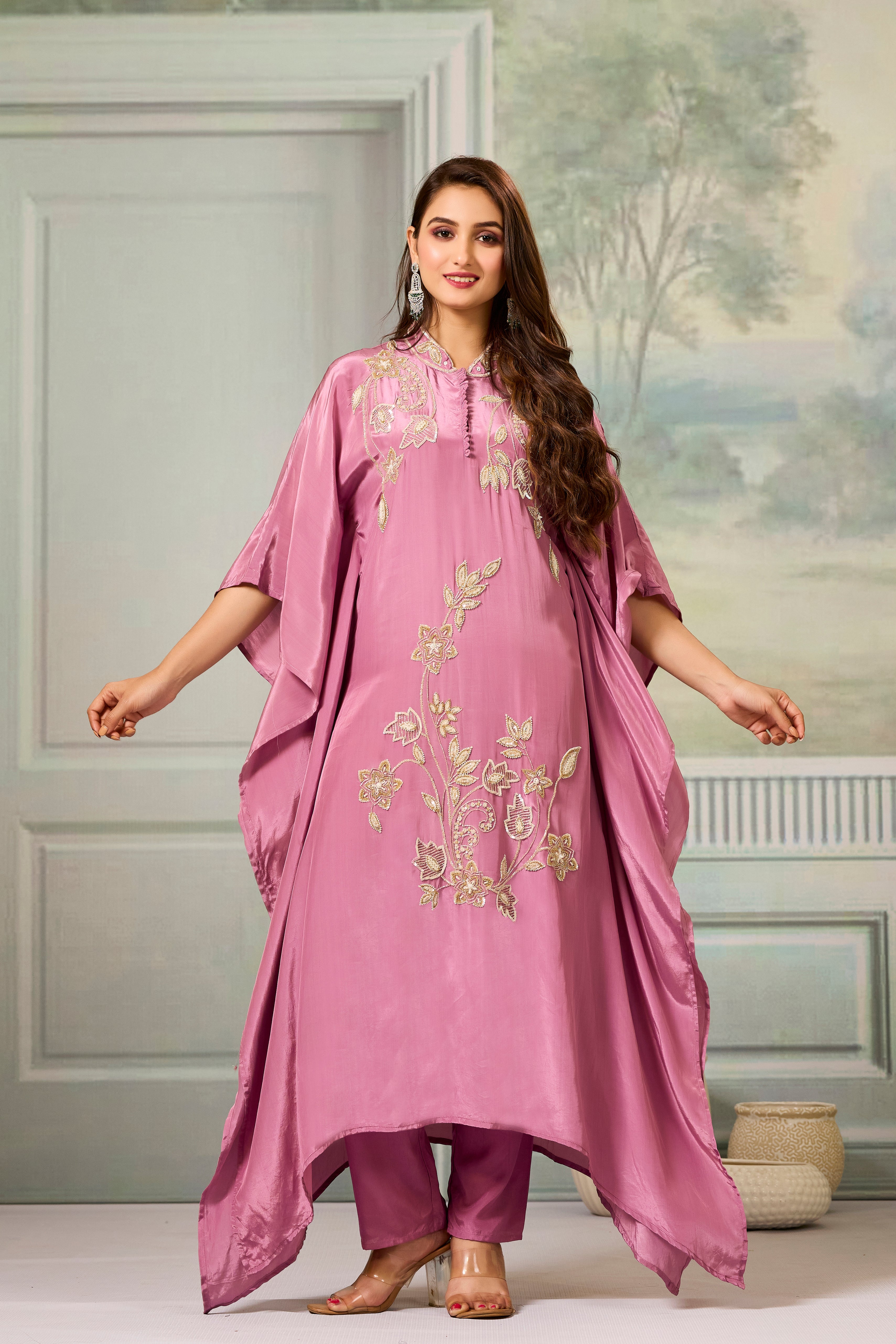 Pink Handwork Crepe Silk Kaftan Set