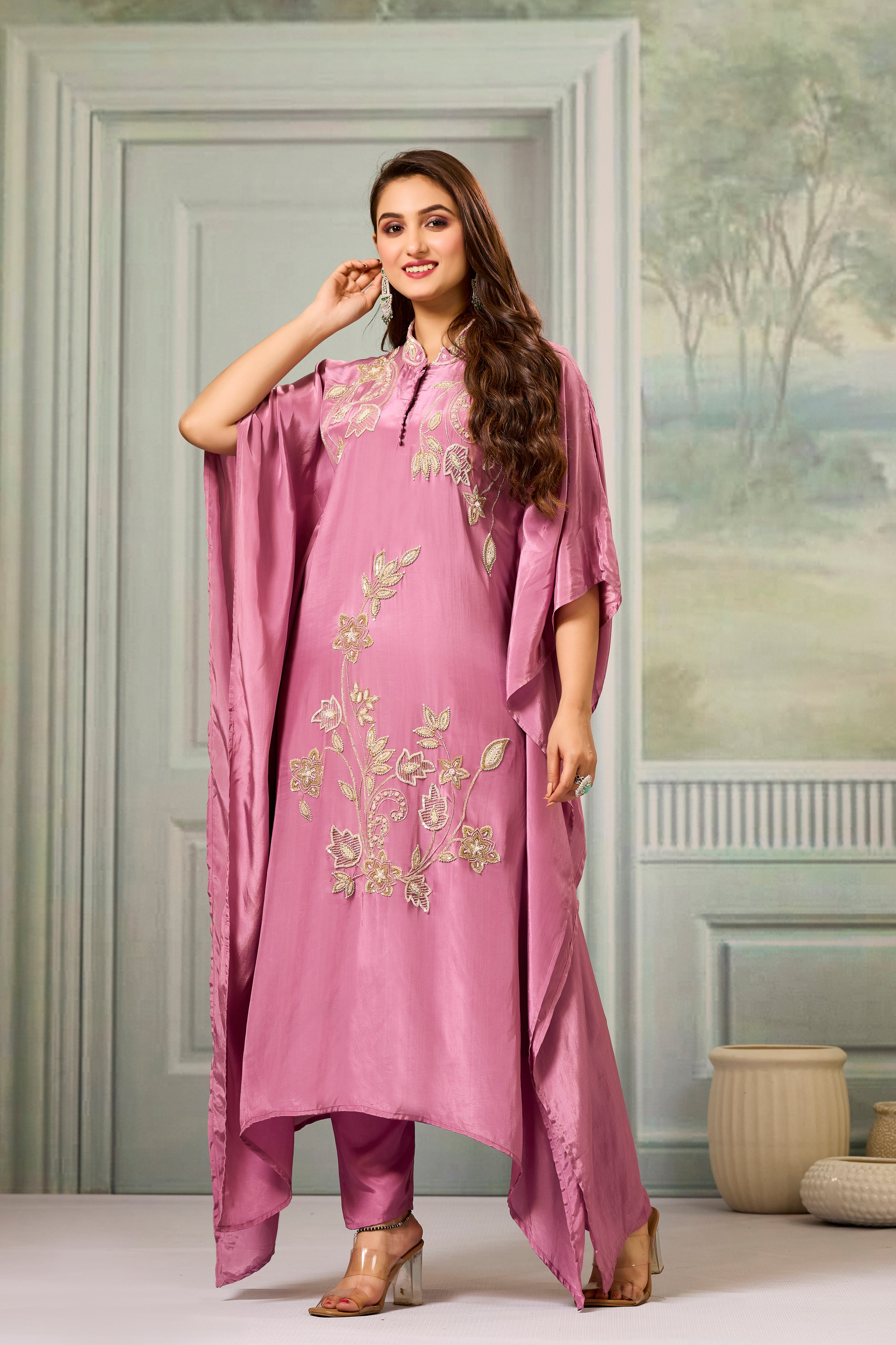 Pink Handwork Crepe Silk Kaftan Set