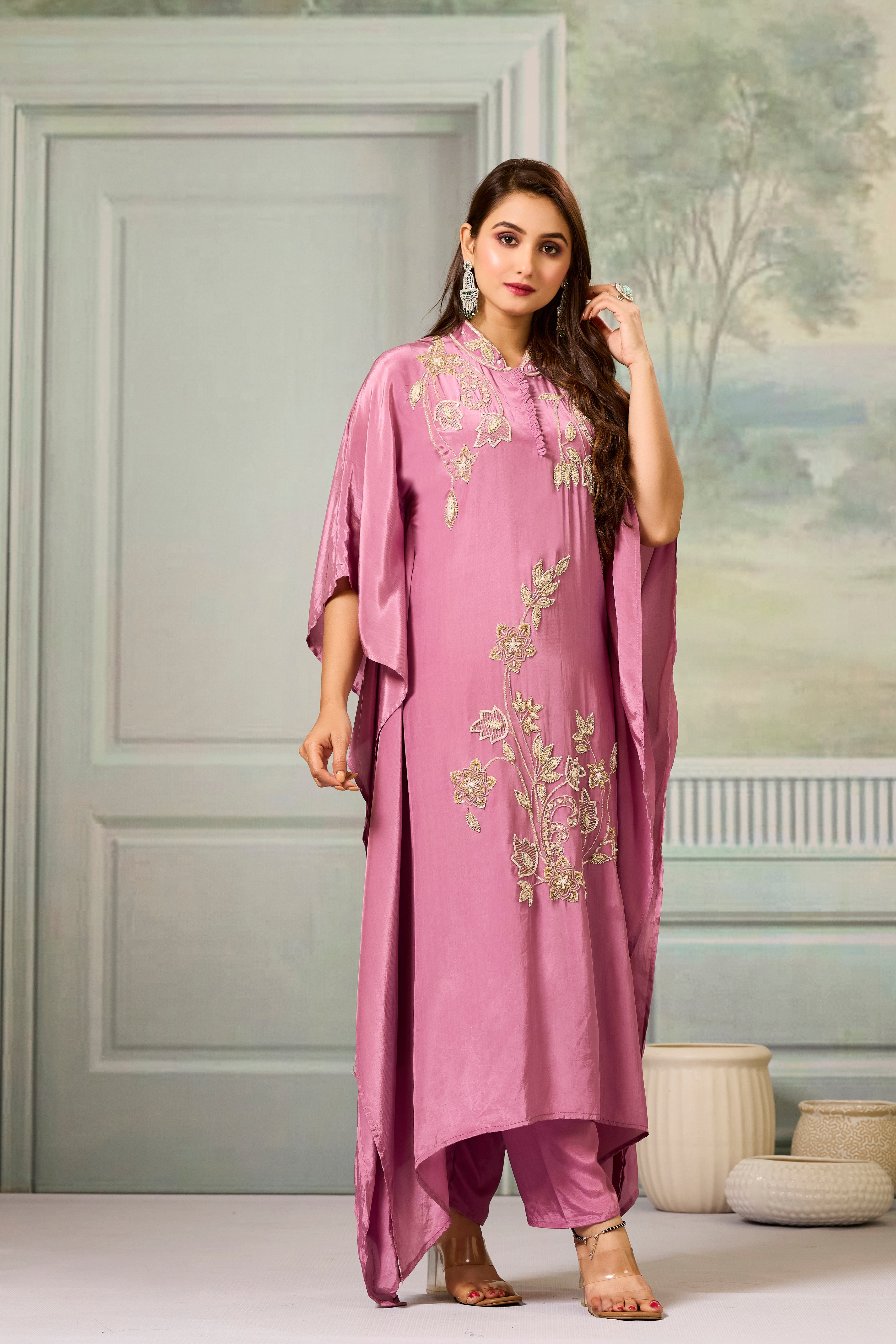 Pink Handwork Crepe Silk Kaftan Set