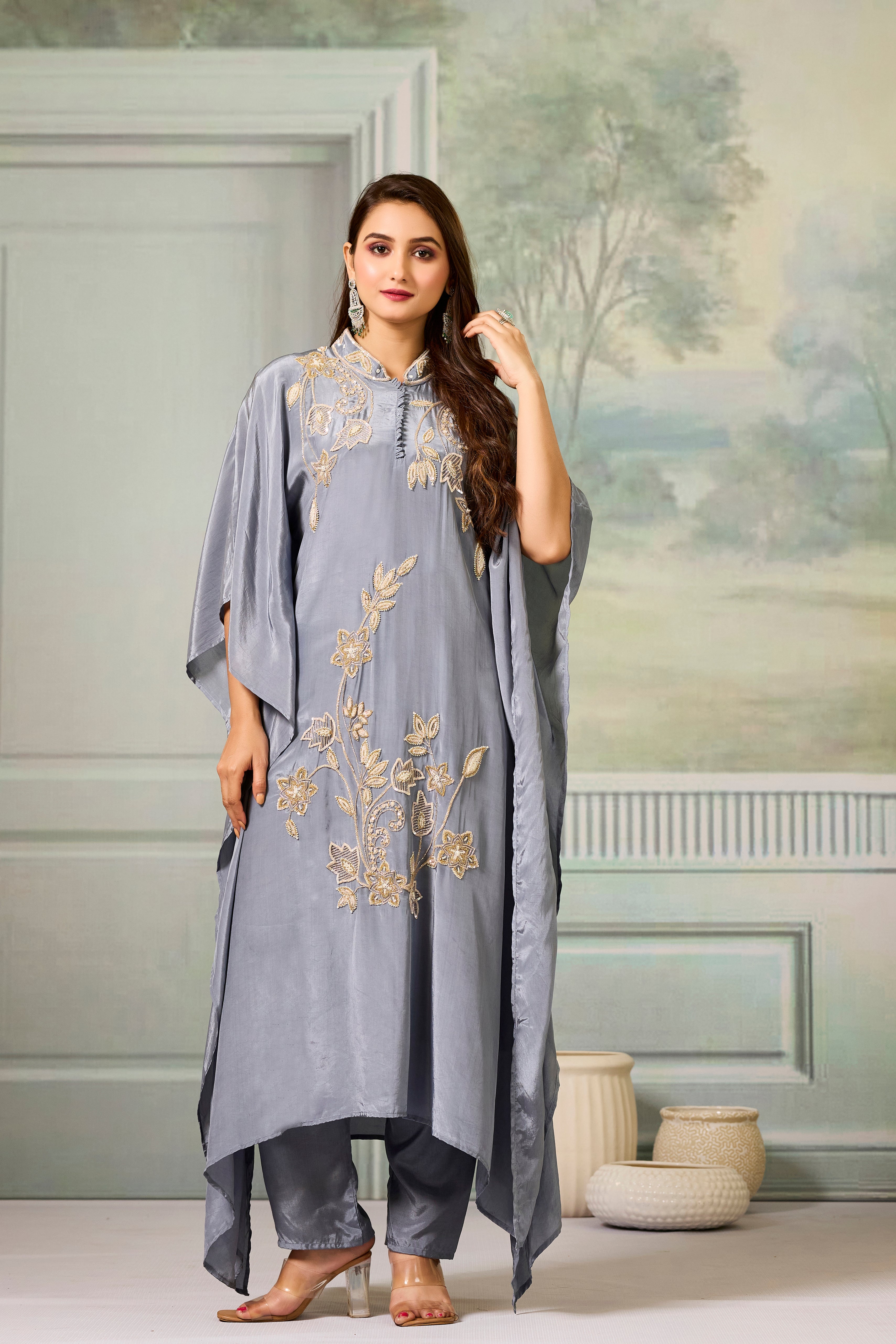 Grey Handwork Crepe Silk Kaftan Set
