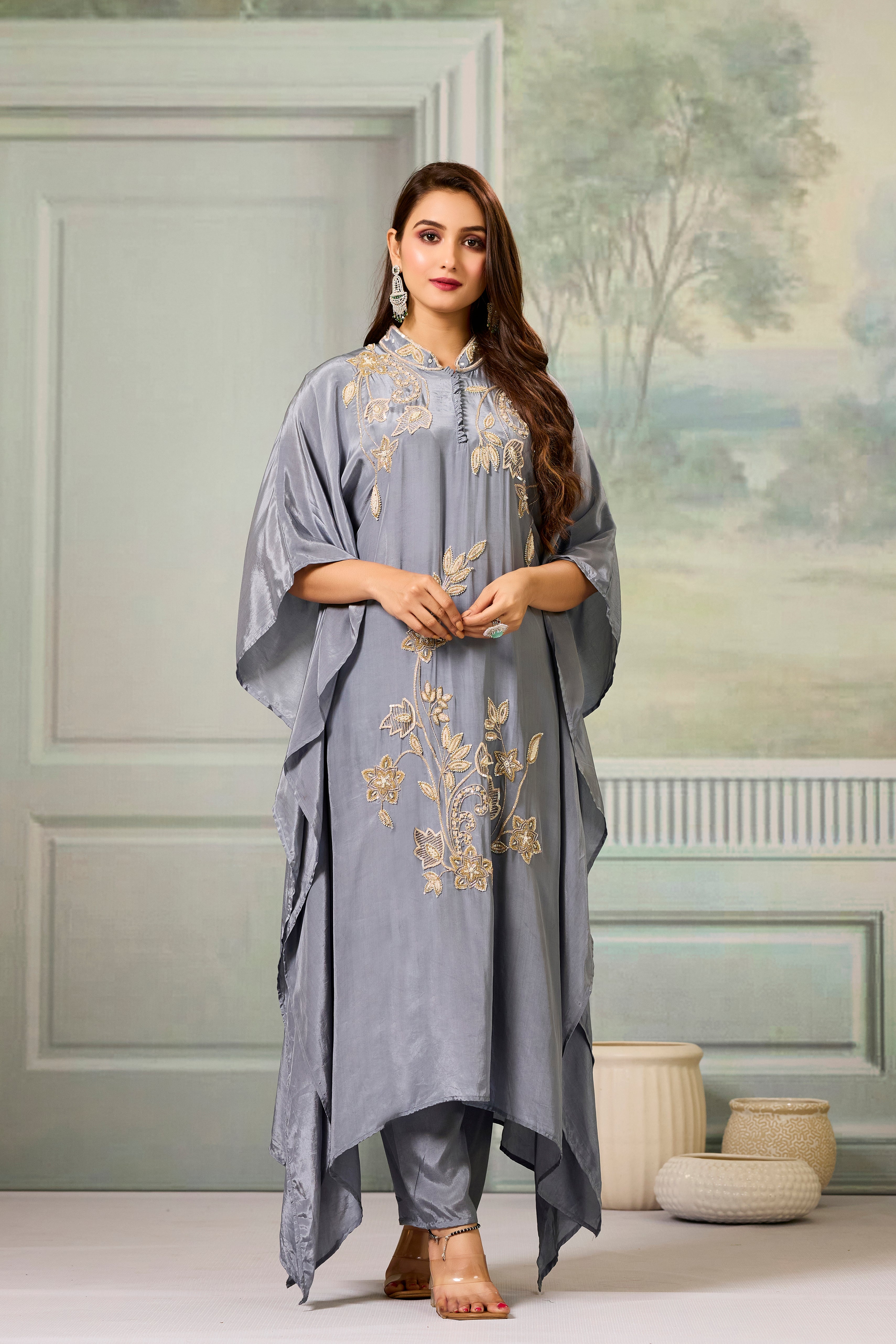Grey Handwork Crepe Silk Kaftan Set