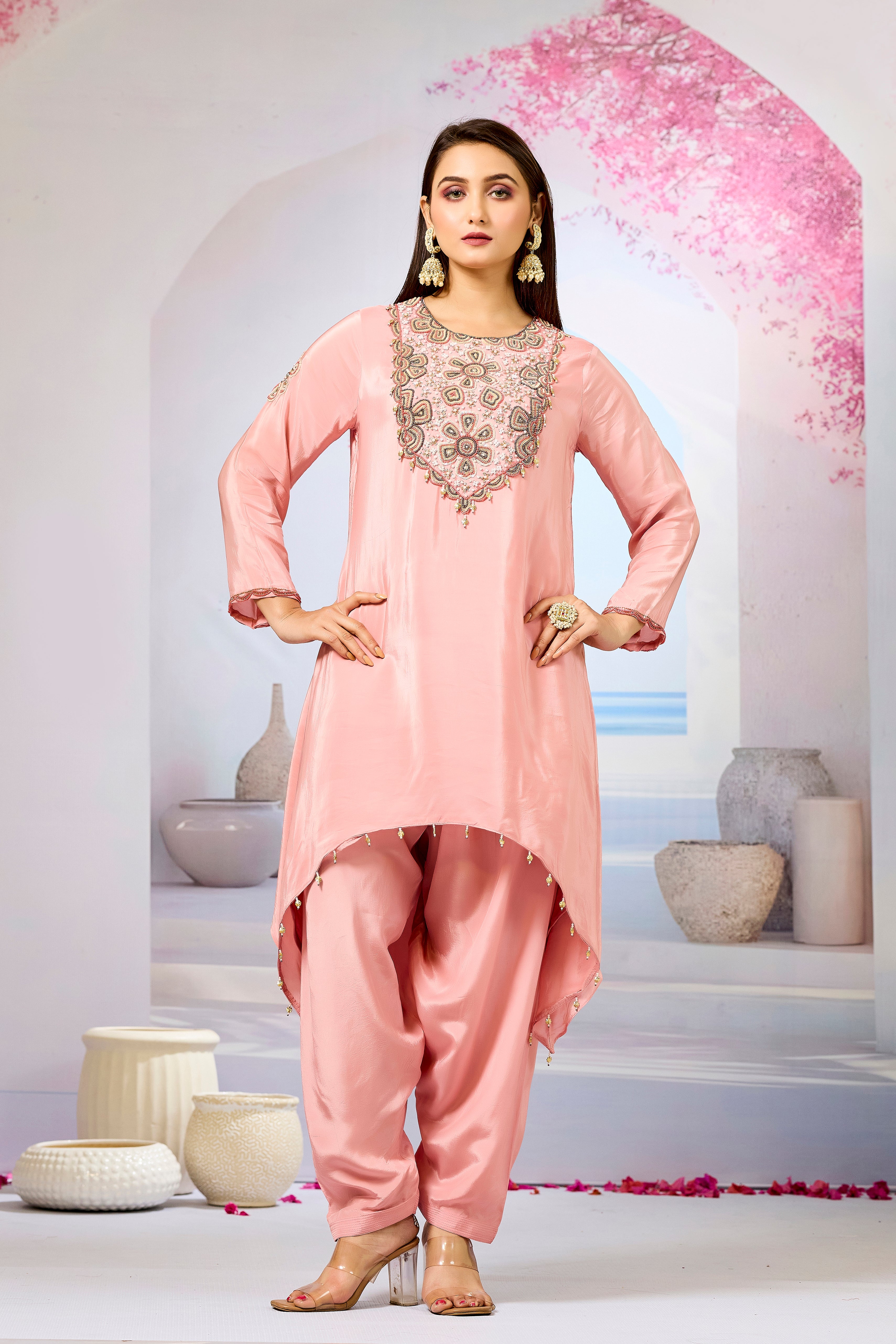 Pastel Pink Handwork Crepe Silk Kurta Set