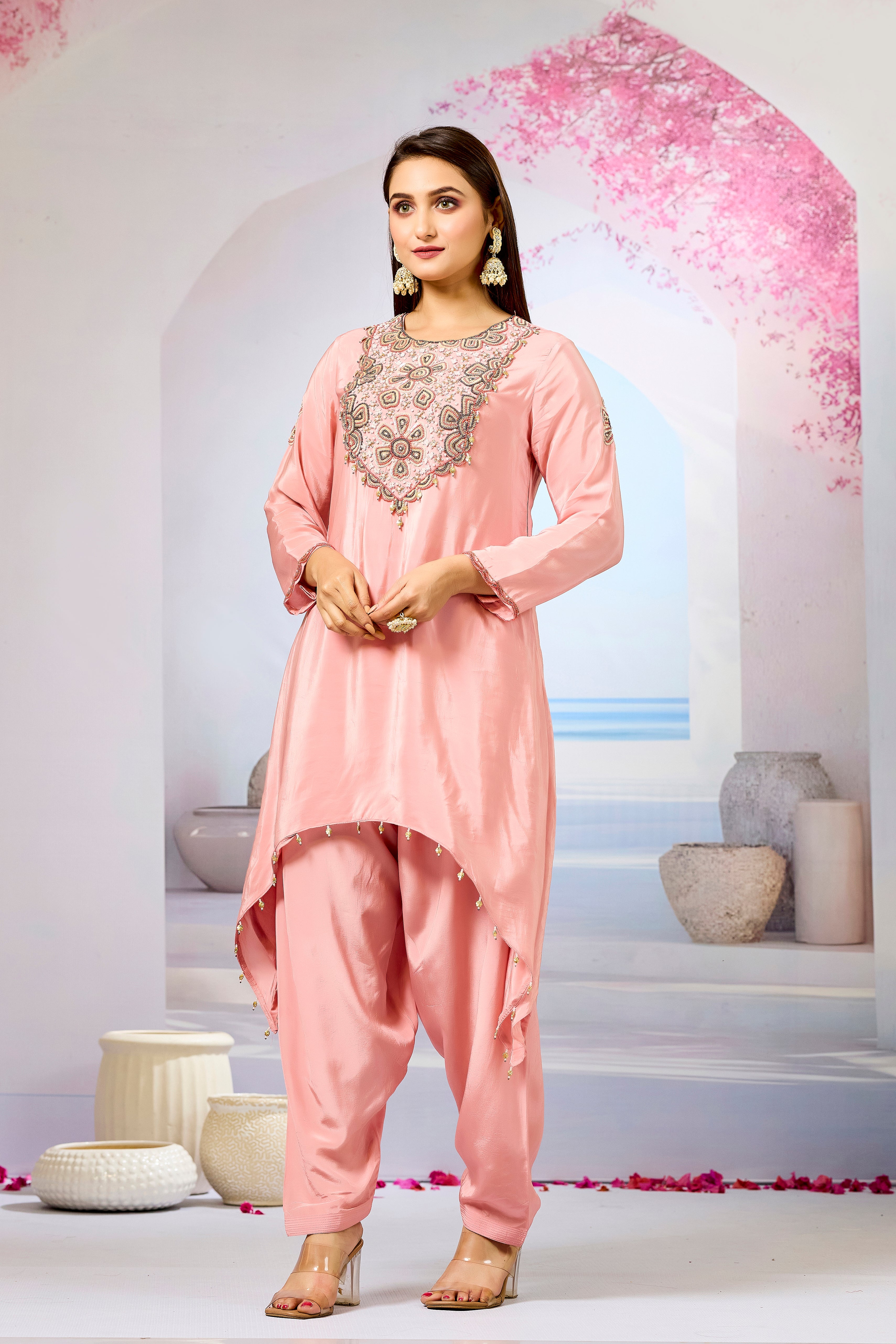 Pastel Pink Handwork Crepe Silk Kurta Set