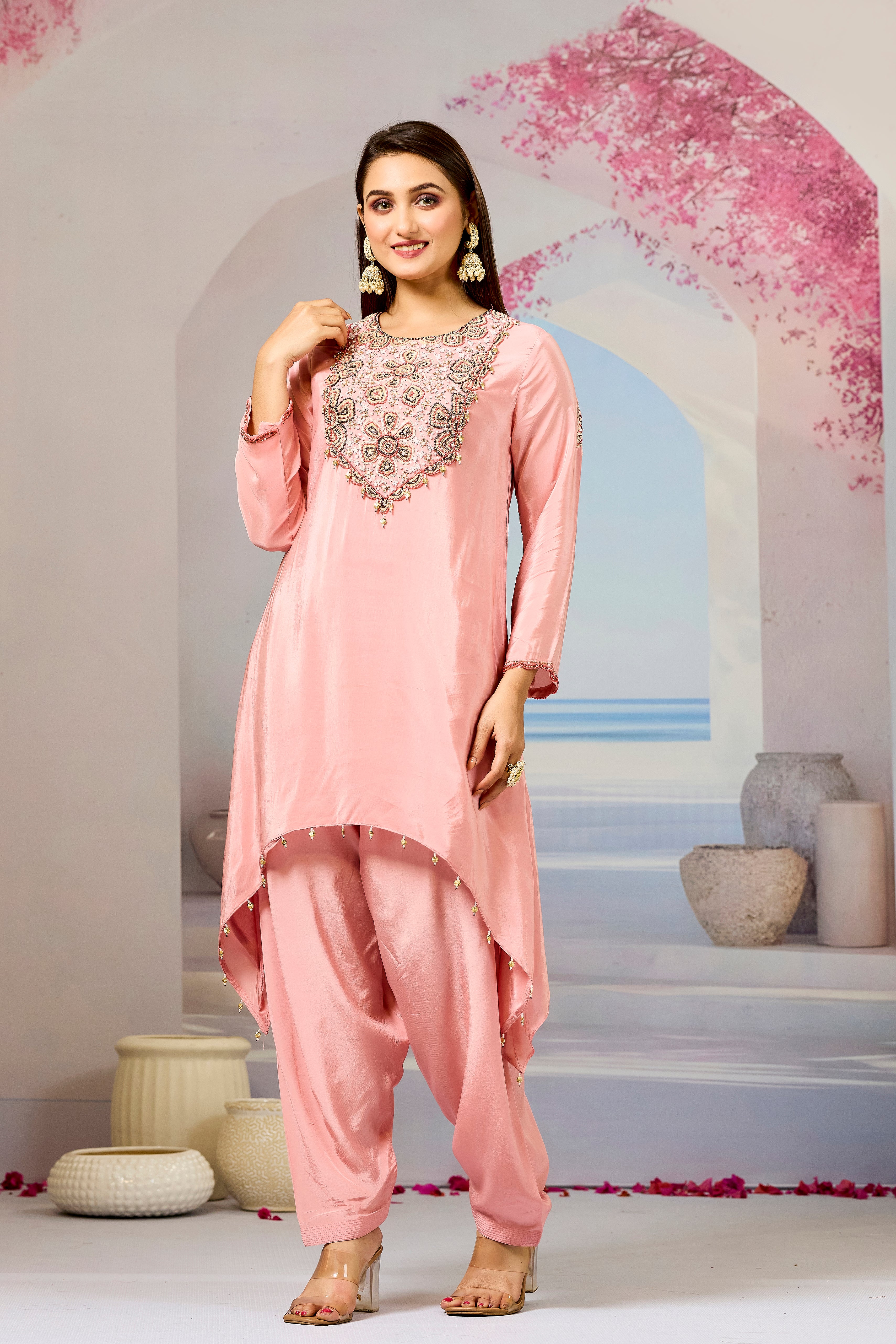 Pastel Pink Handwork Crepe Silk Kurta Set