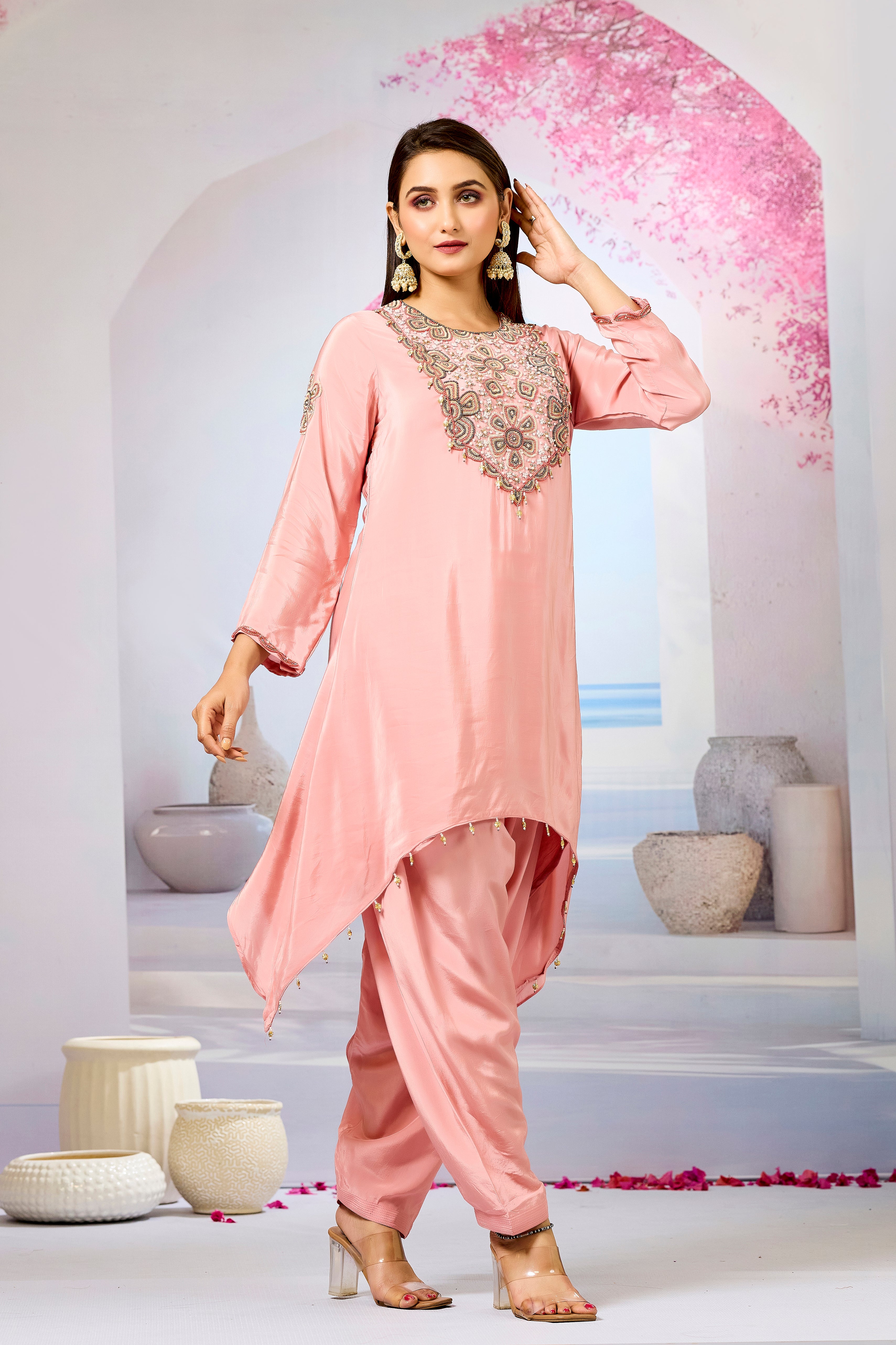 Pastel Pink Handwork Crepe Silk Kurta Set