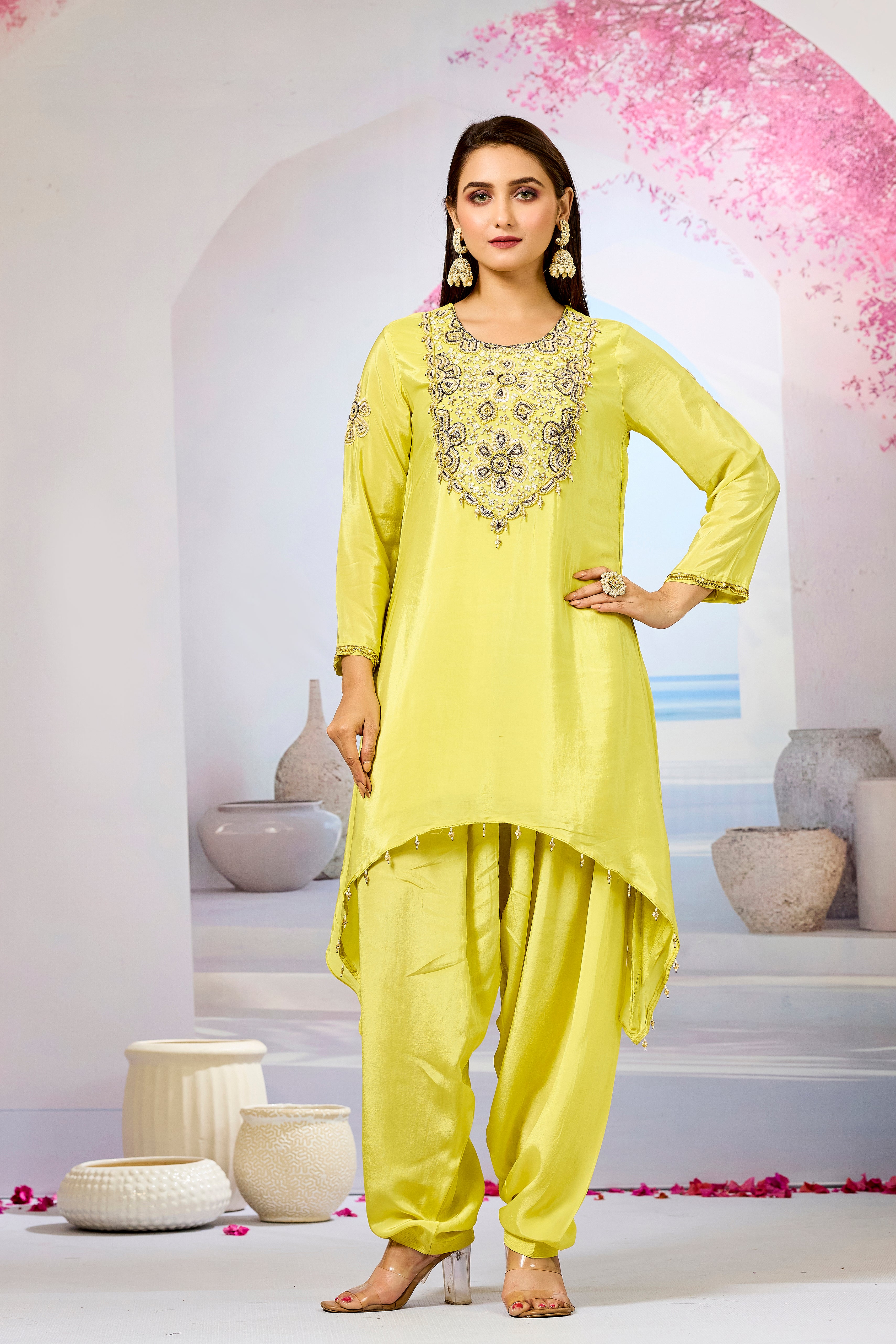 Pear Green Handwork Crepe Silk Kurta Set