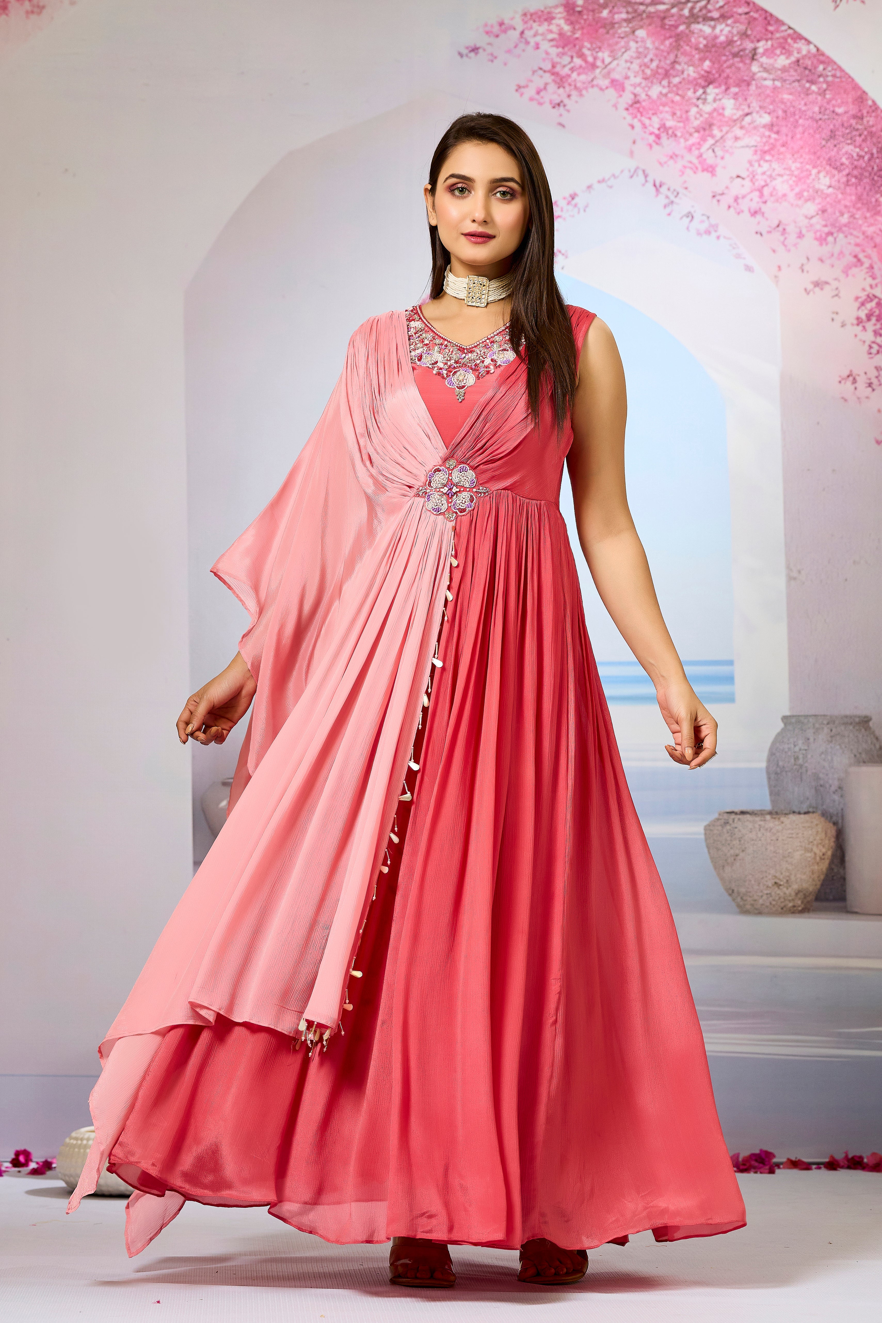 Red Embellished Chinon Silk Gown