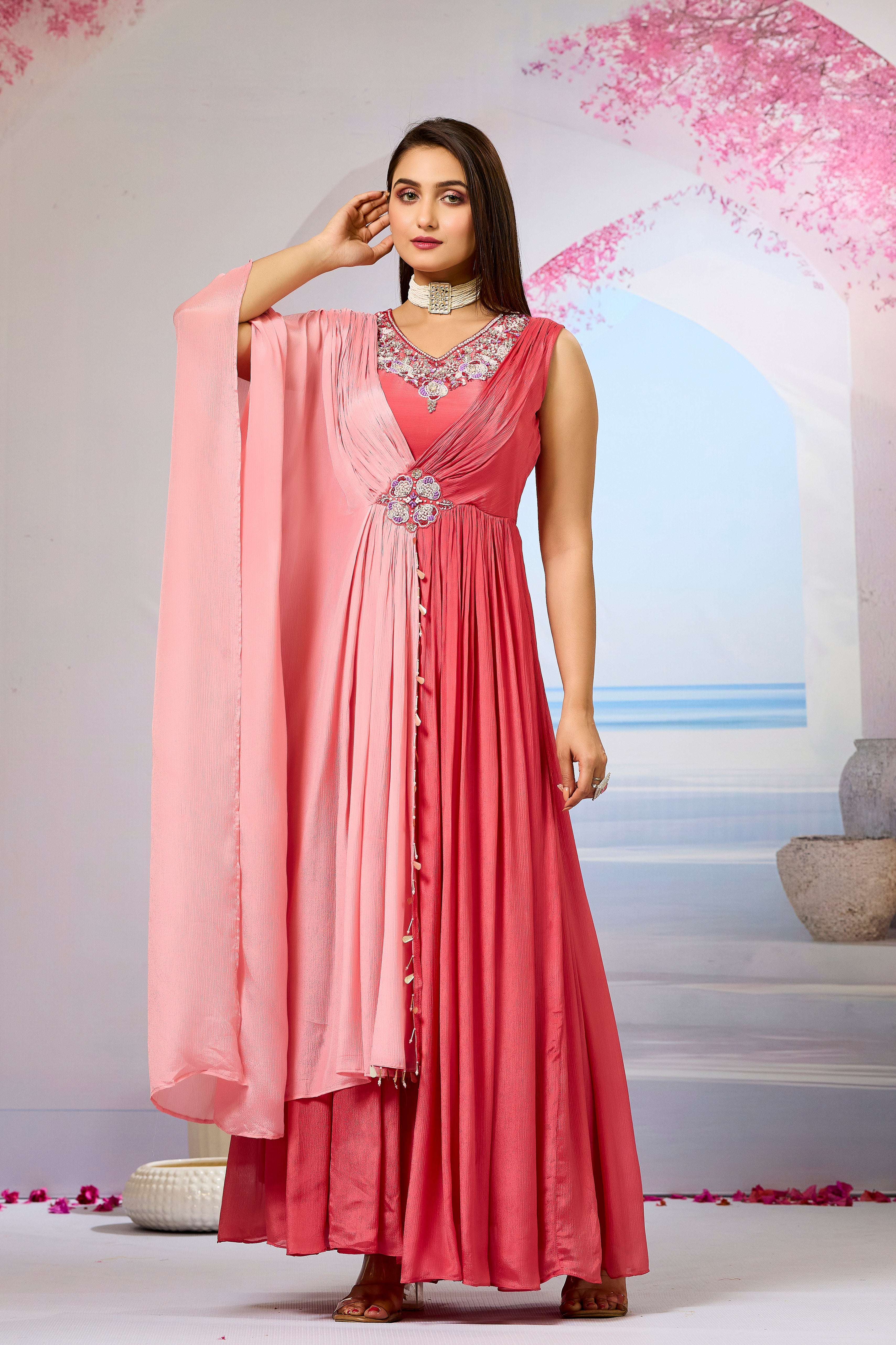 Red Embellished Chinon Silk Gown