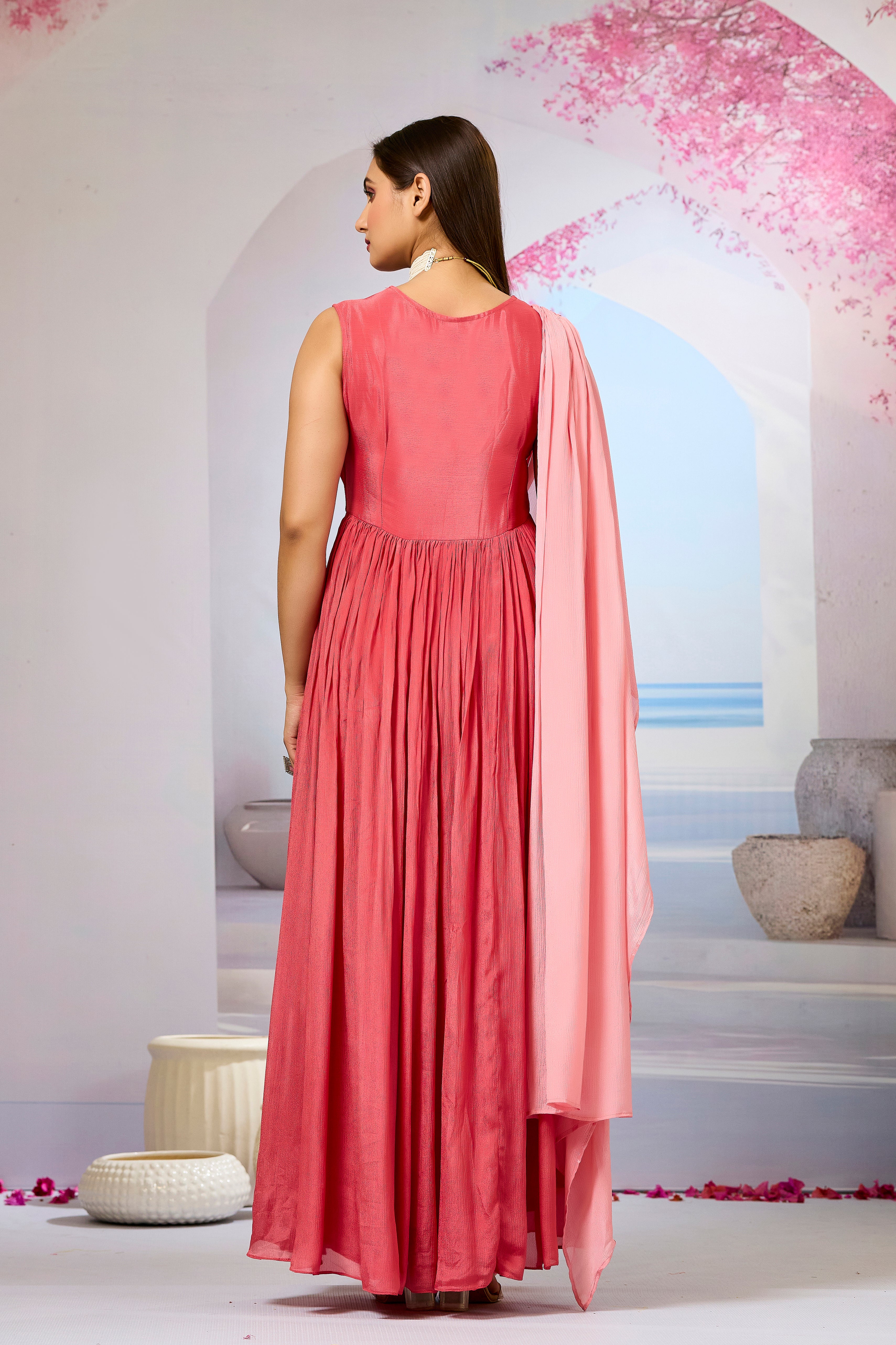 Red Embellished Chinon Silk Gown
