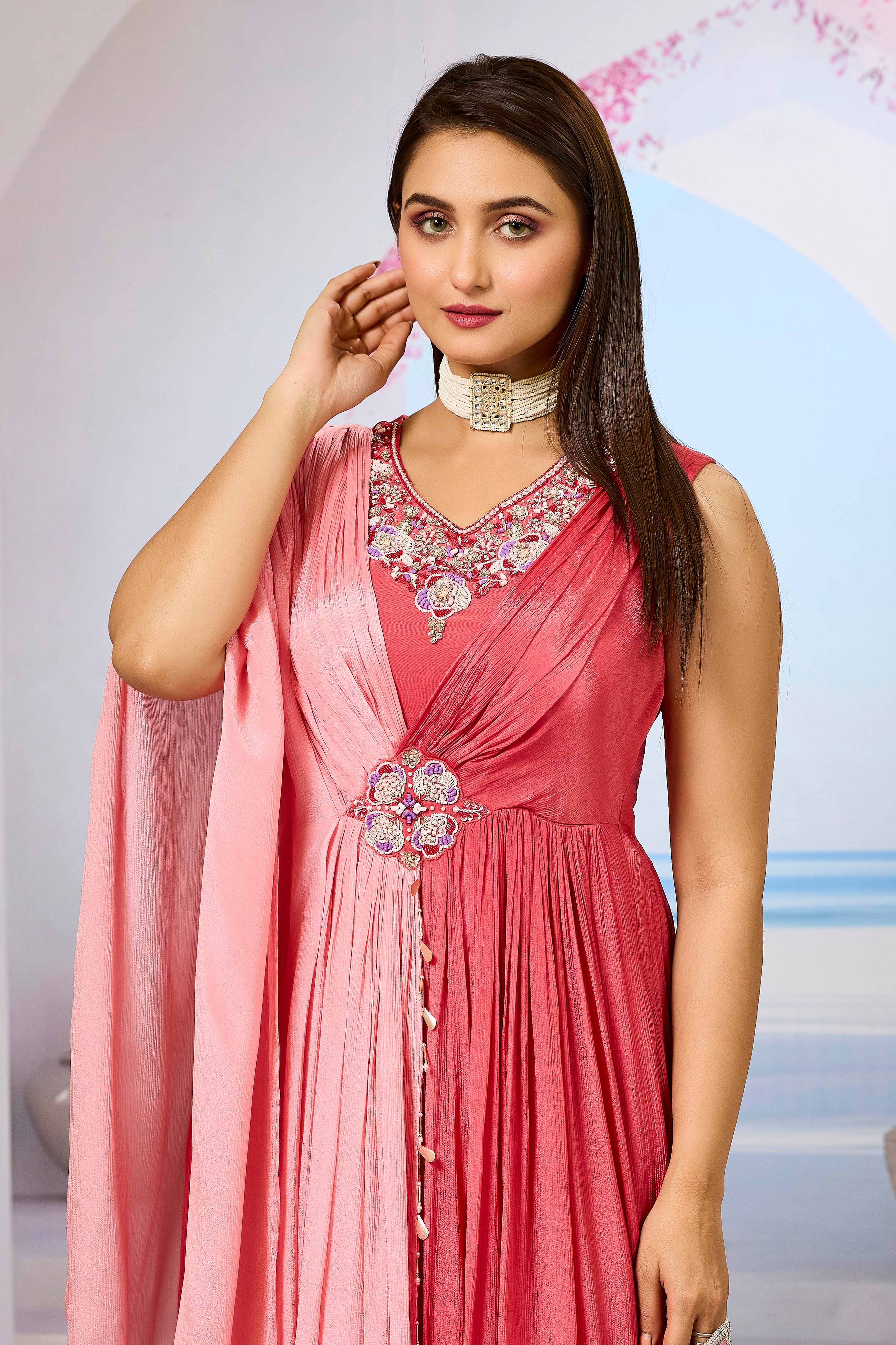 Red Embellished Chinon Silk Gown