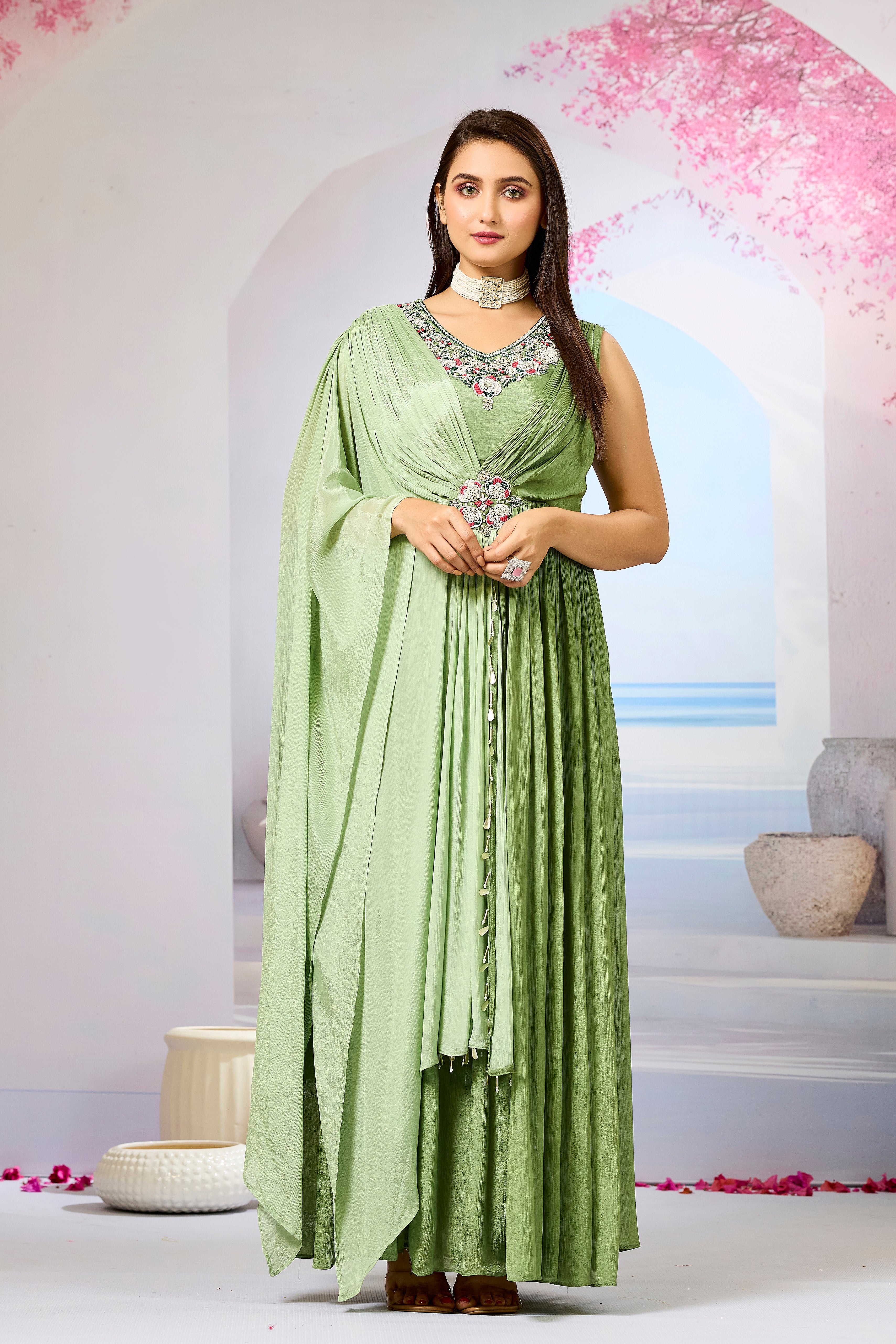 Green Embellished Chinon Silk Gown