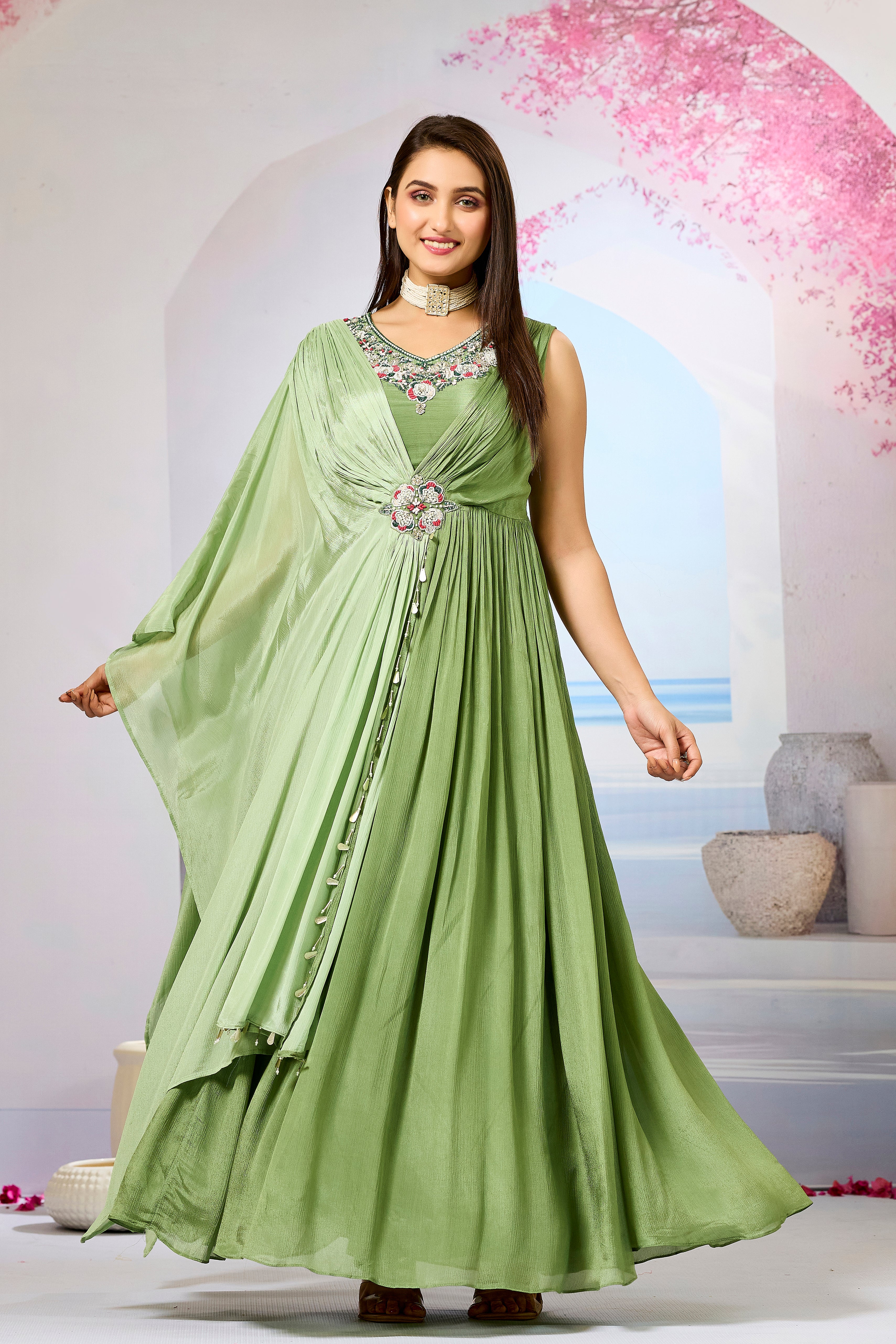 Green Embellished Chinon Silk Gown