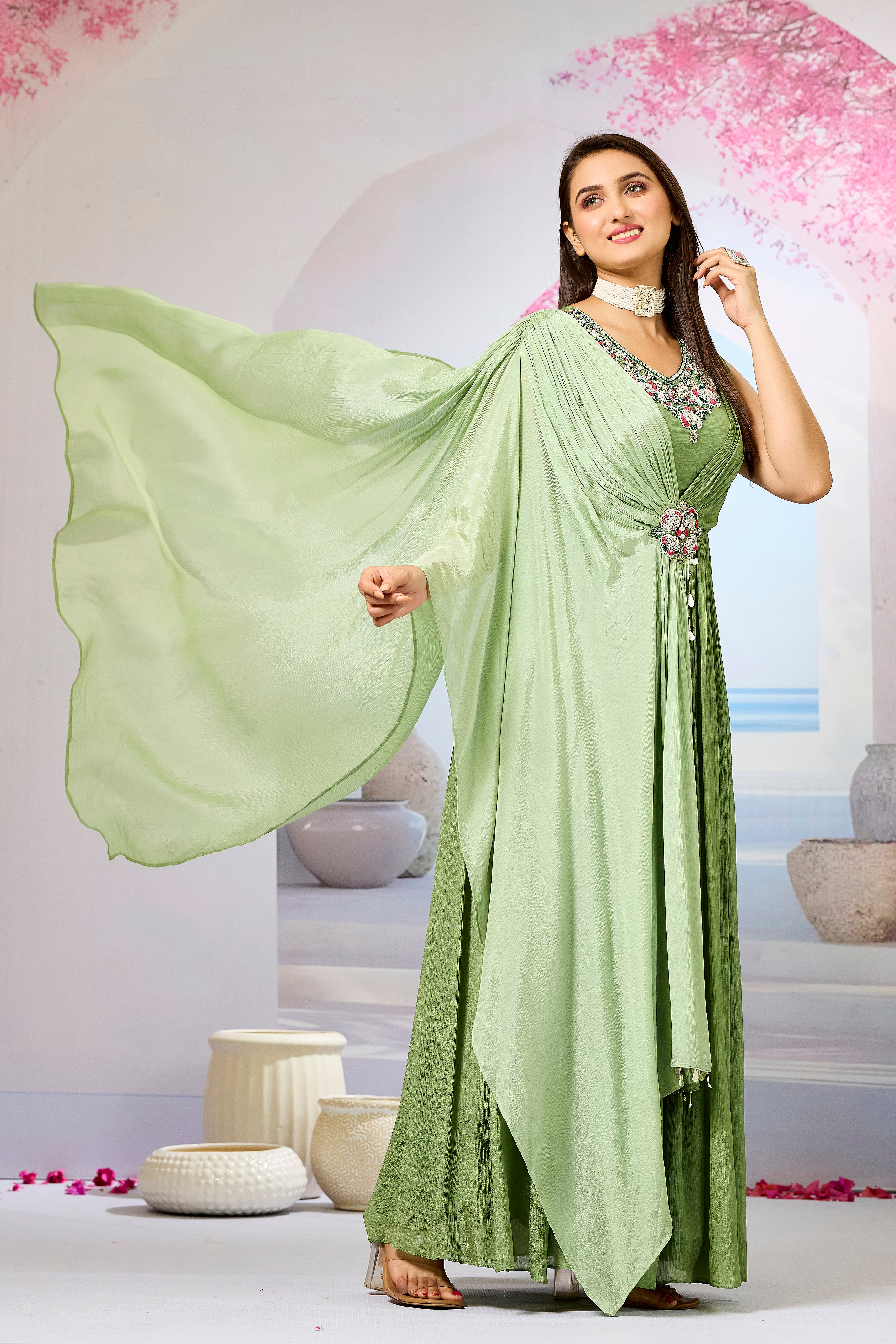 Green Embellished Chinon Silk Gown