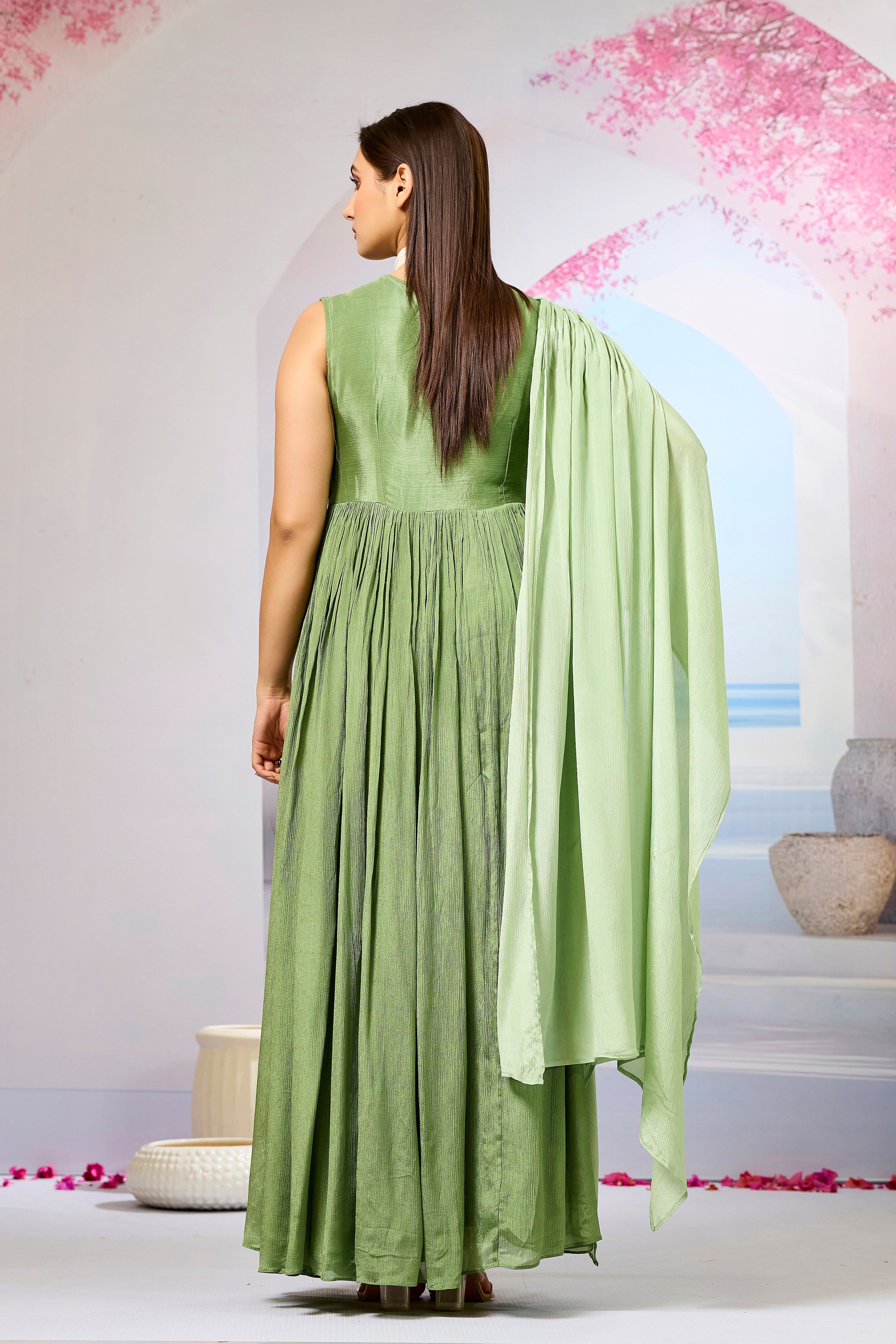 Green Embellished Chinon Silk Gown