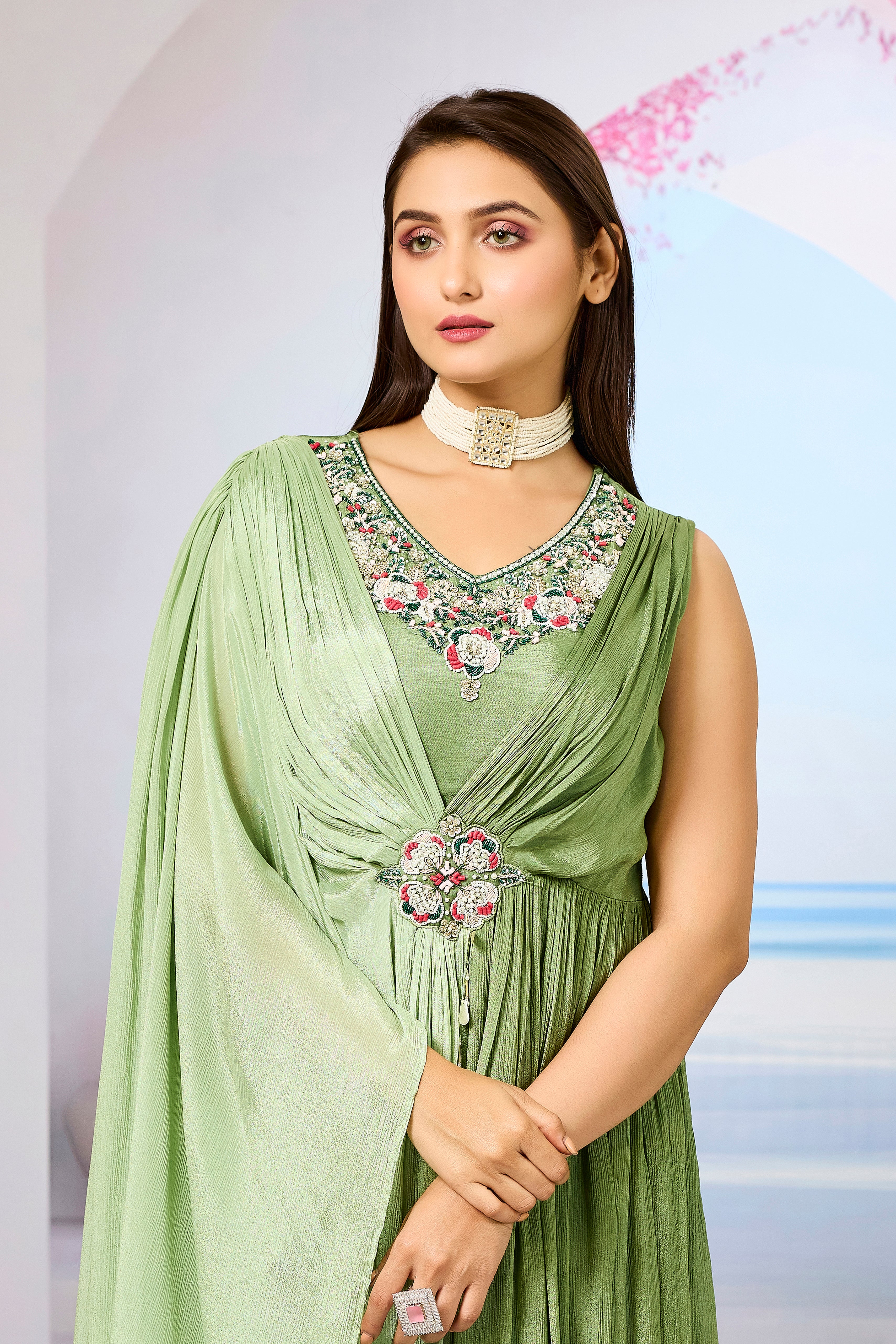 Green Embellished Chinon Silk Gown