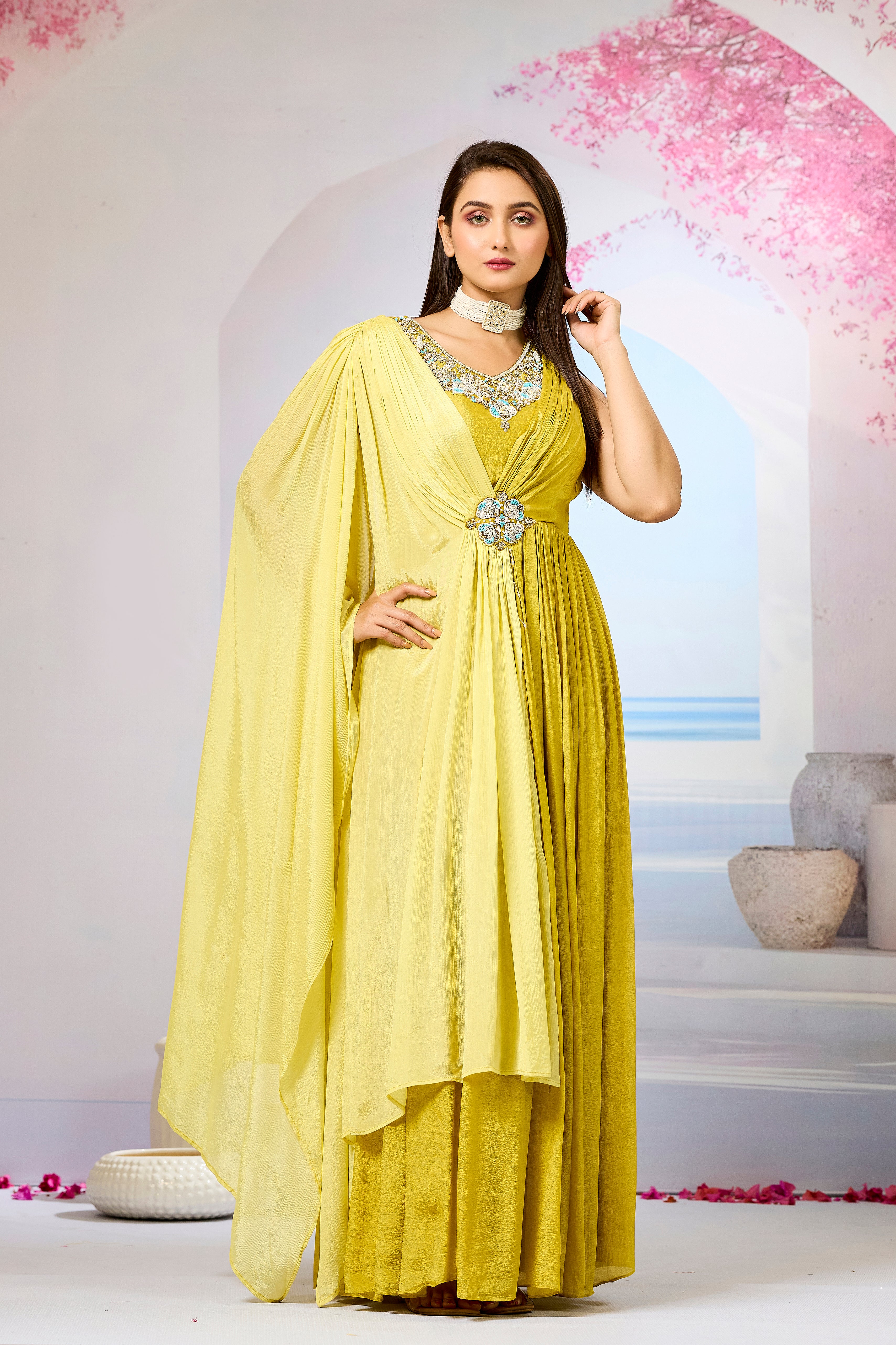 Yellow Embellished Chinon Silk Gown