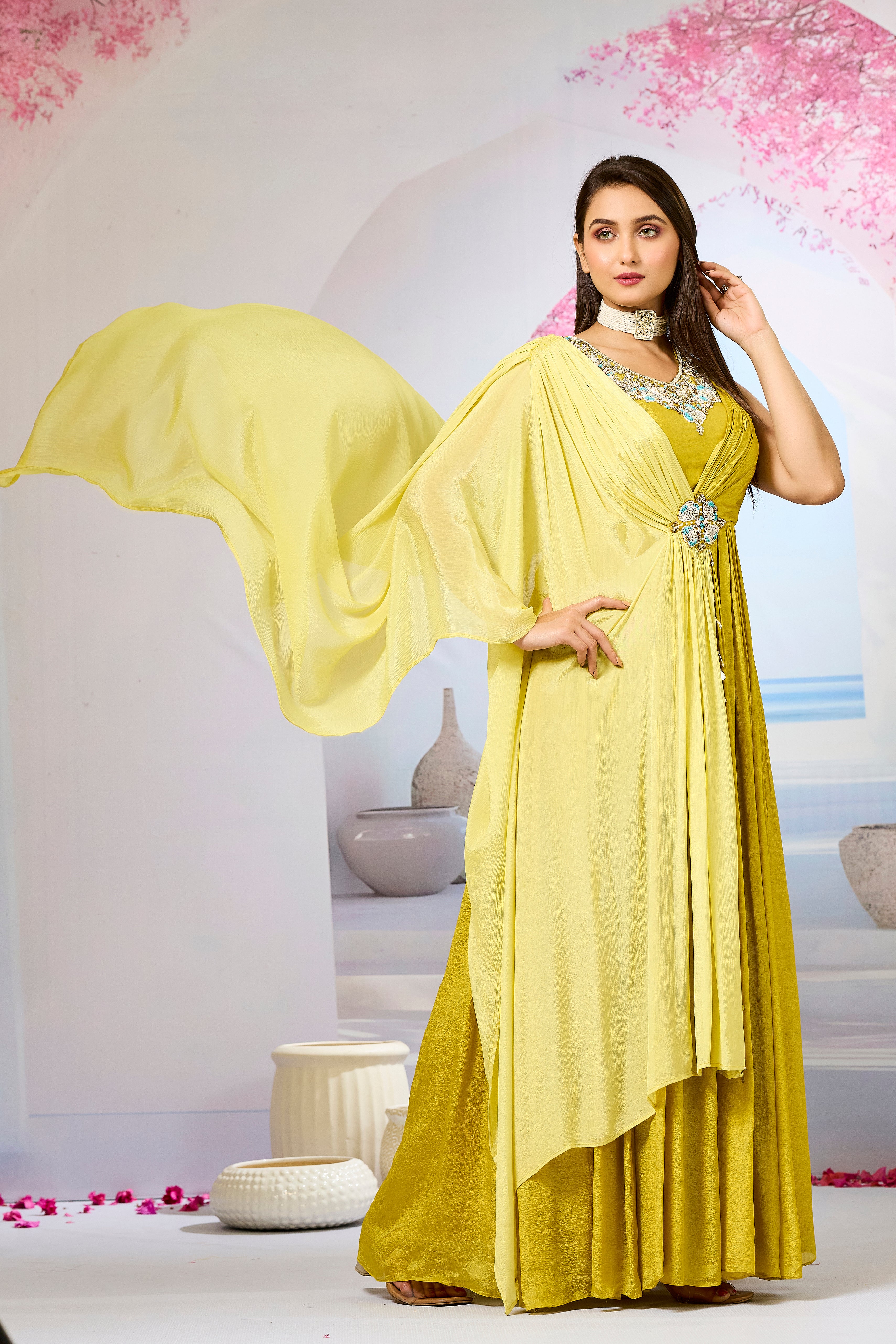 Yellow Embellished Chinon Silk Gown