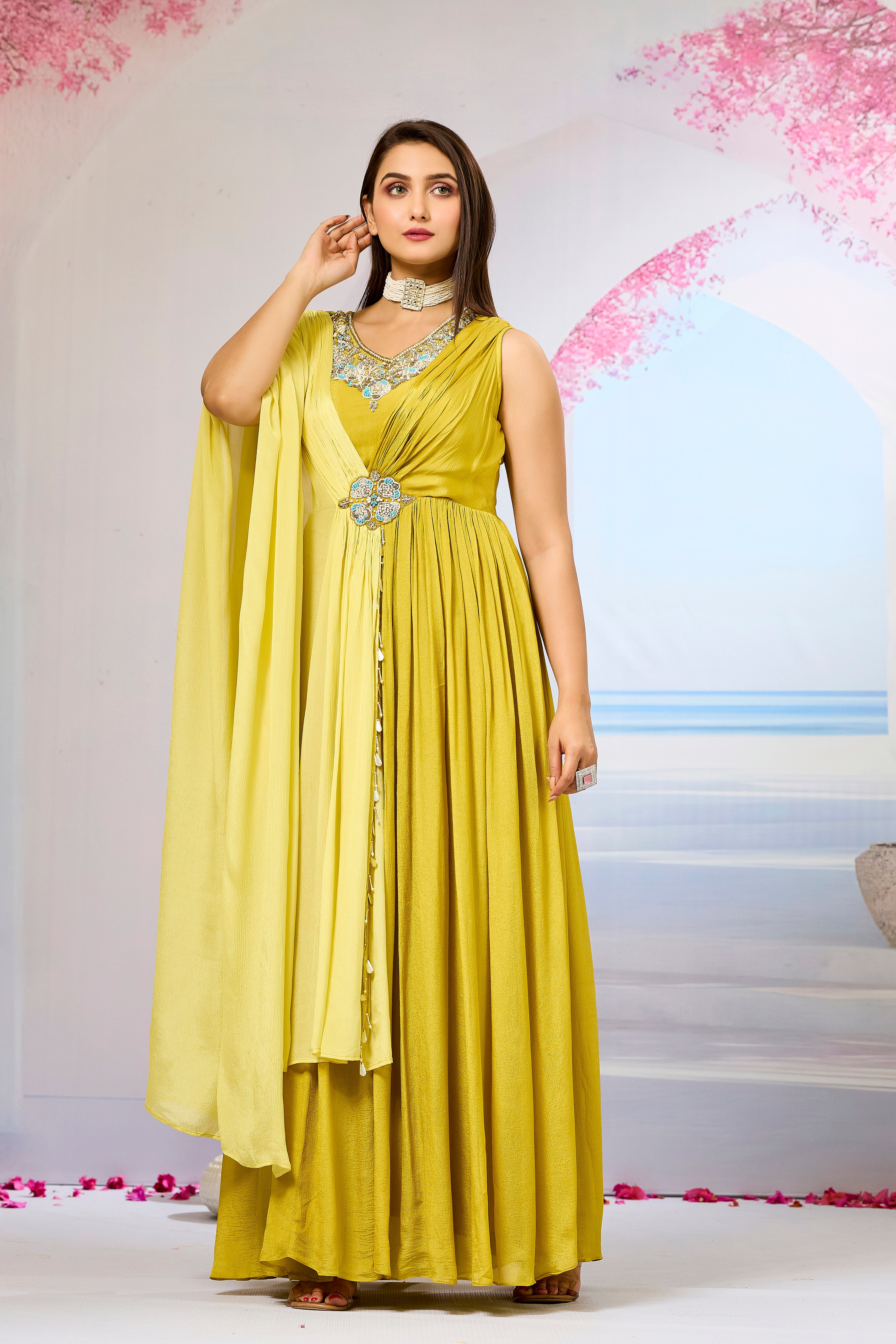 Yellow Embellished Chinon Silk Gown