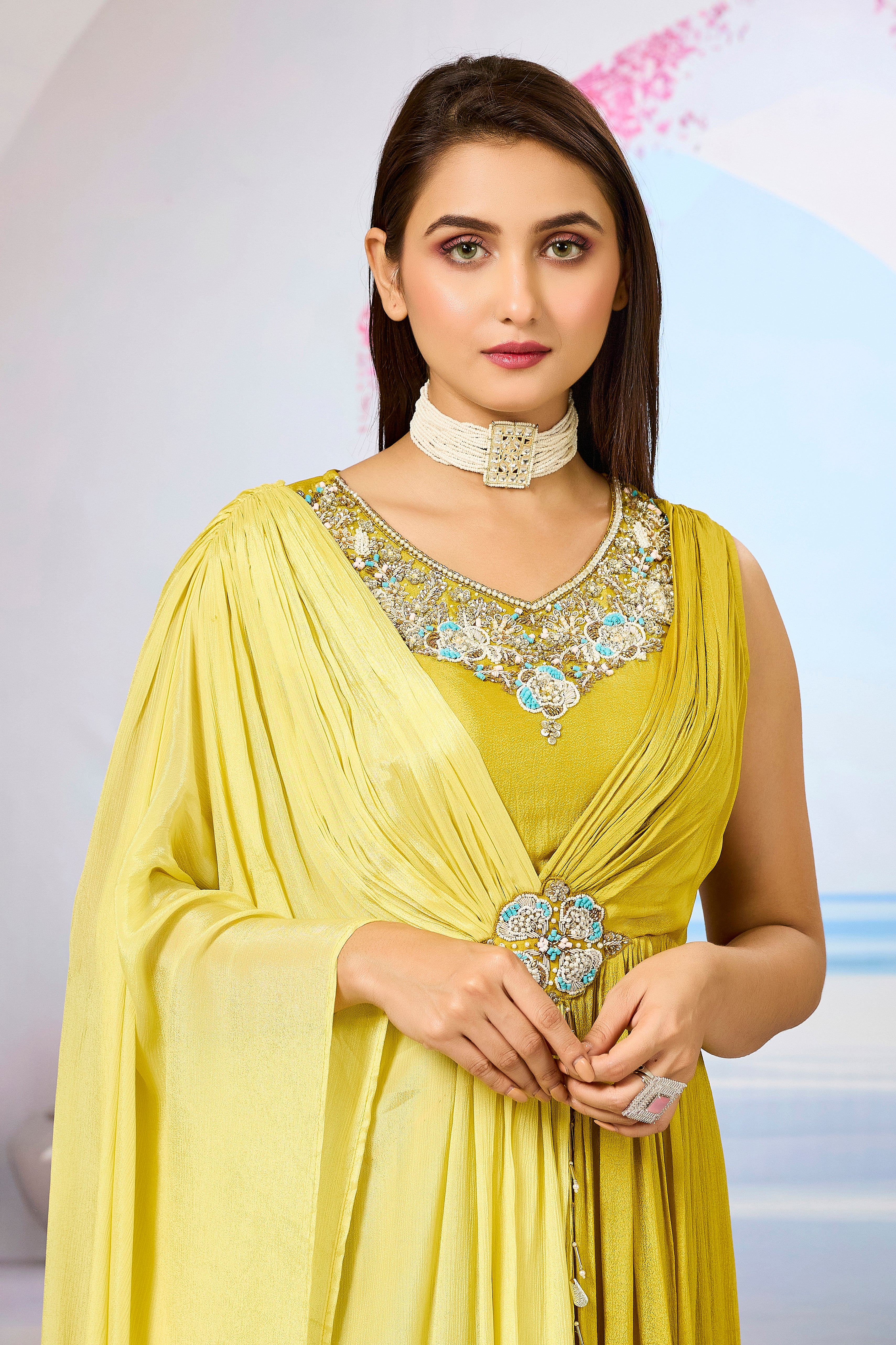 Yellow Embellished Chinon Silk Gown