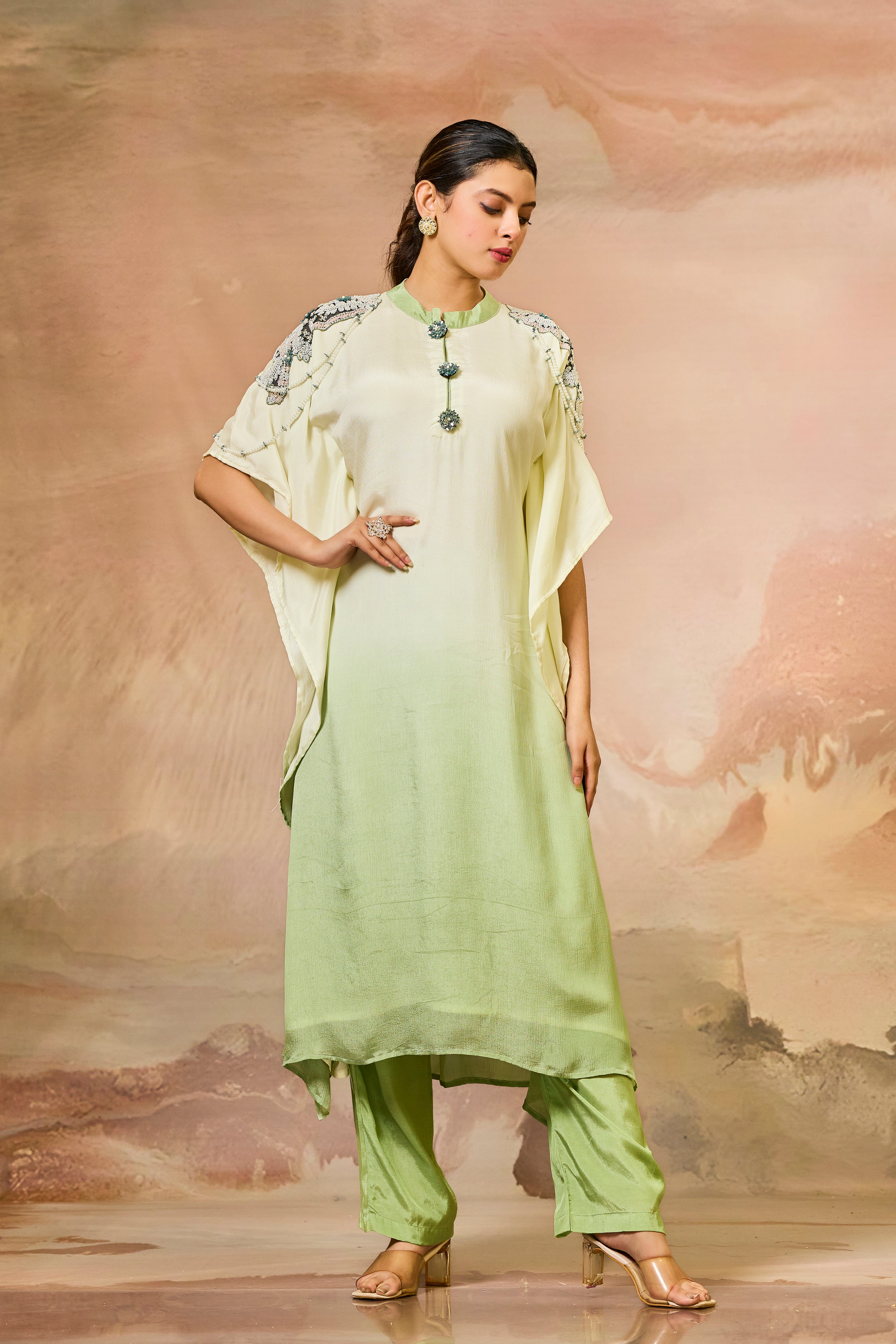 Green Ombre-Dyed Chinon Silk Kaftan Set