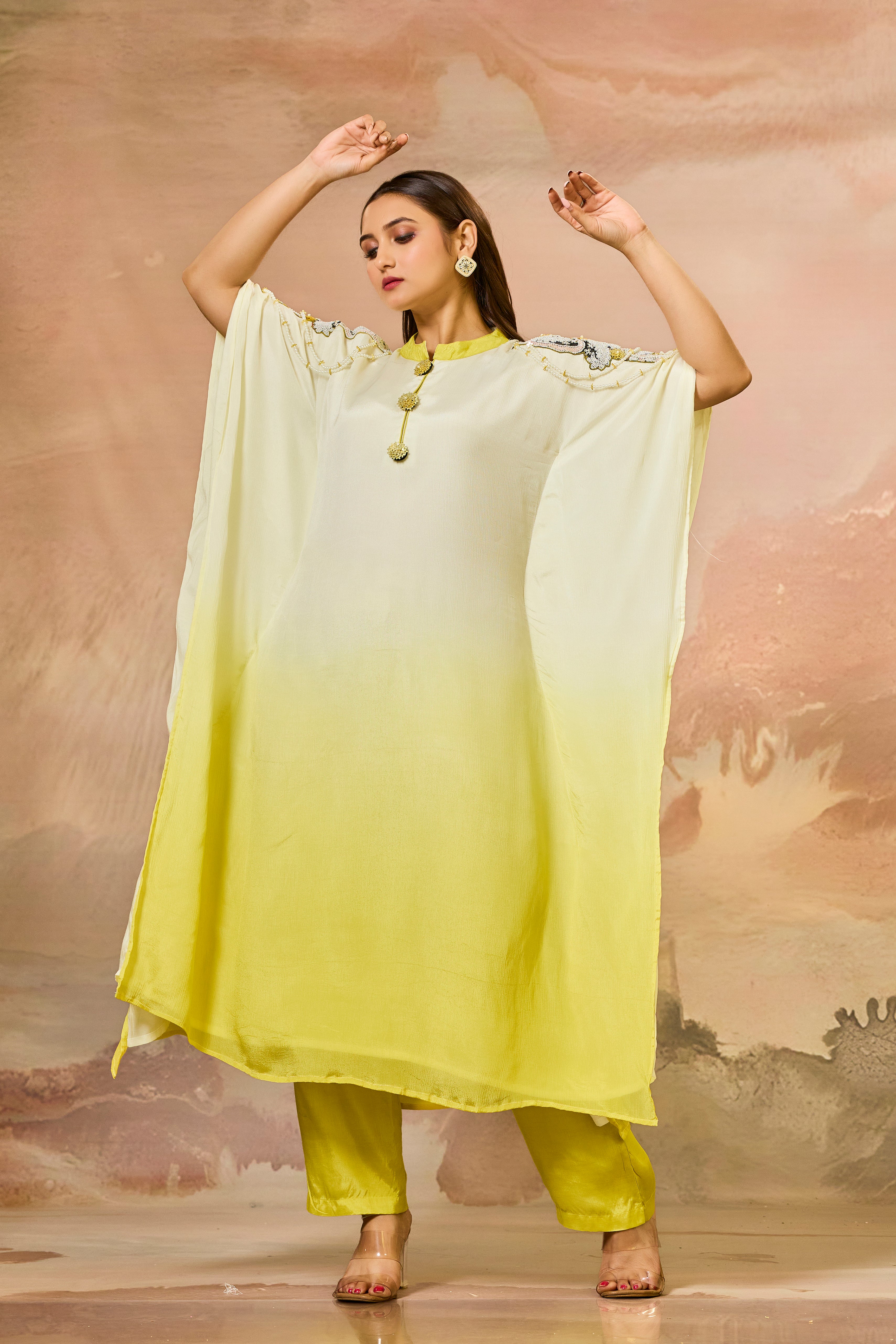Yellow Ombre-Dyed Chinon Silk Kaftan Set