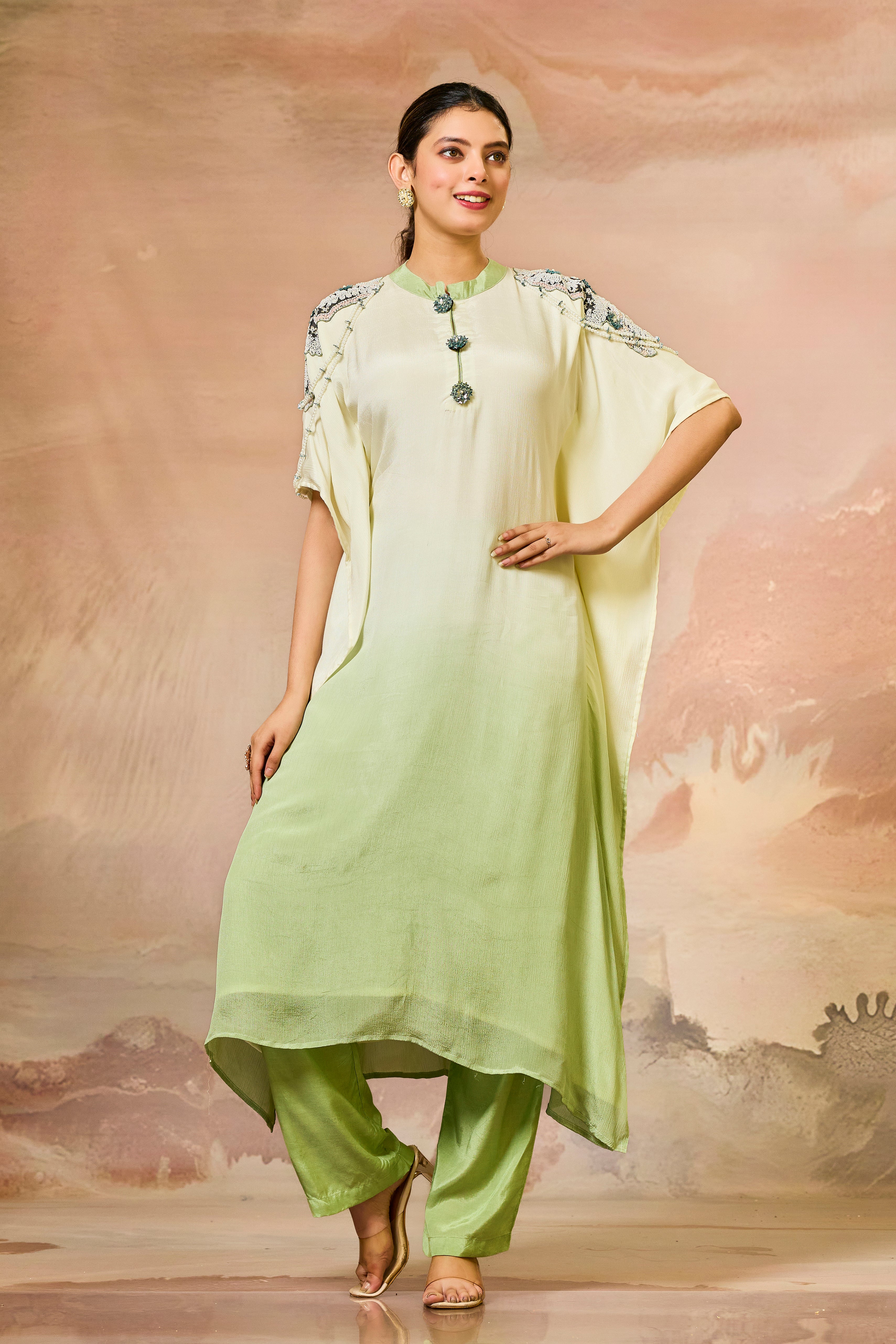 Green Ombre-Dyed Chinon Silk Kaftan Set