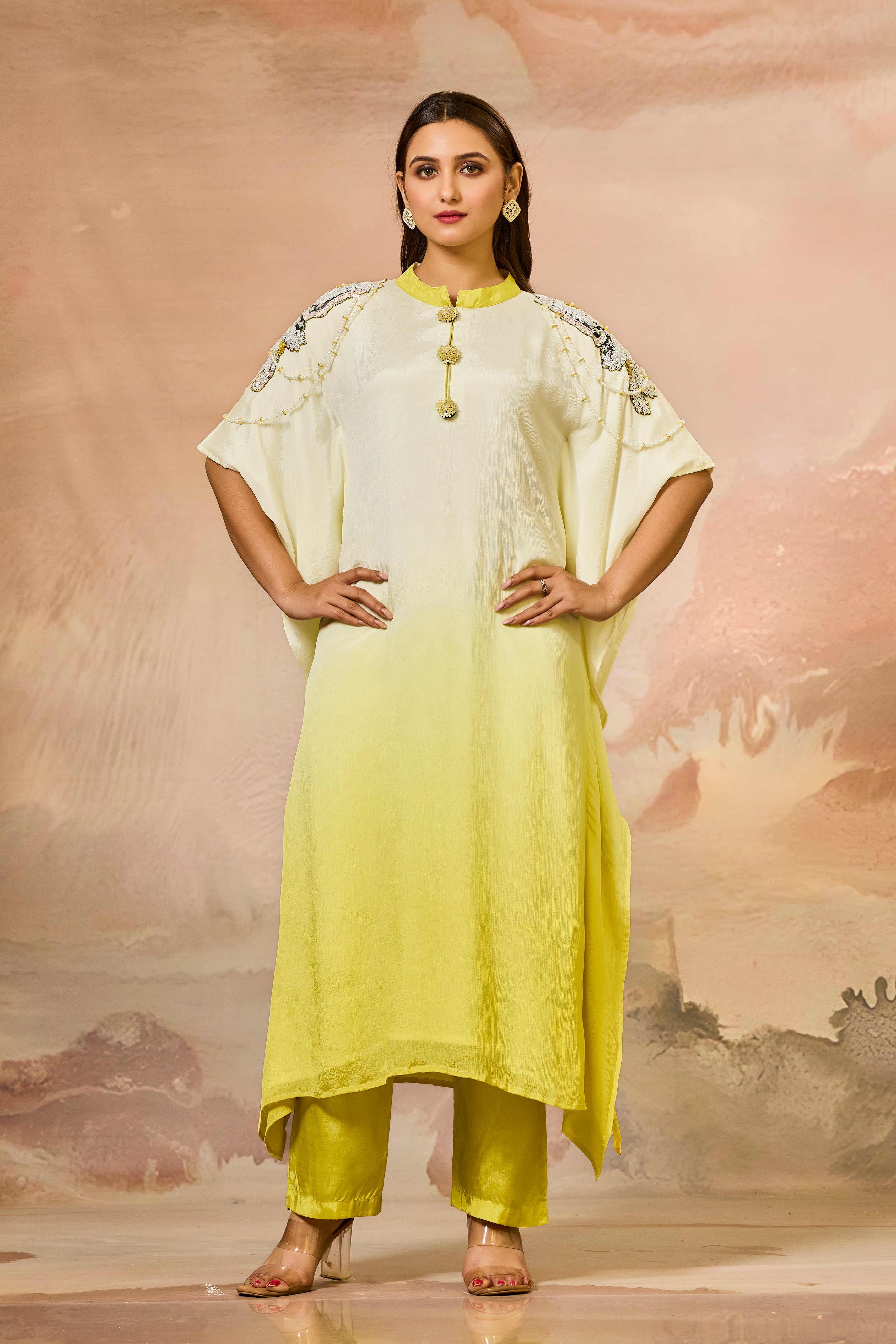 Yellow Ombre-Dyed Chinon Silk Kaftan Set