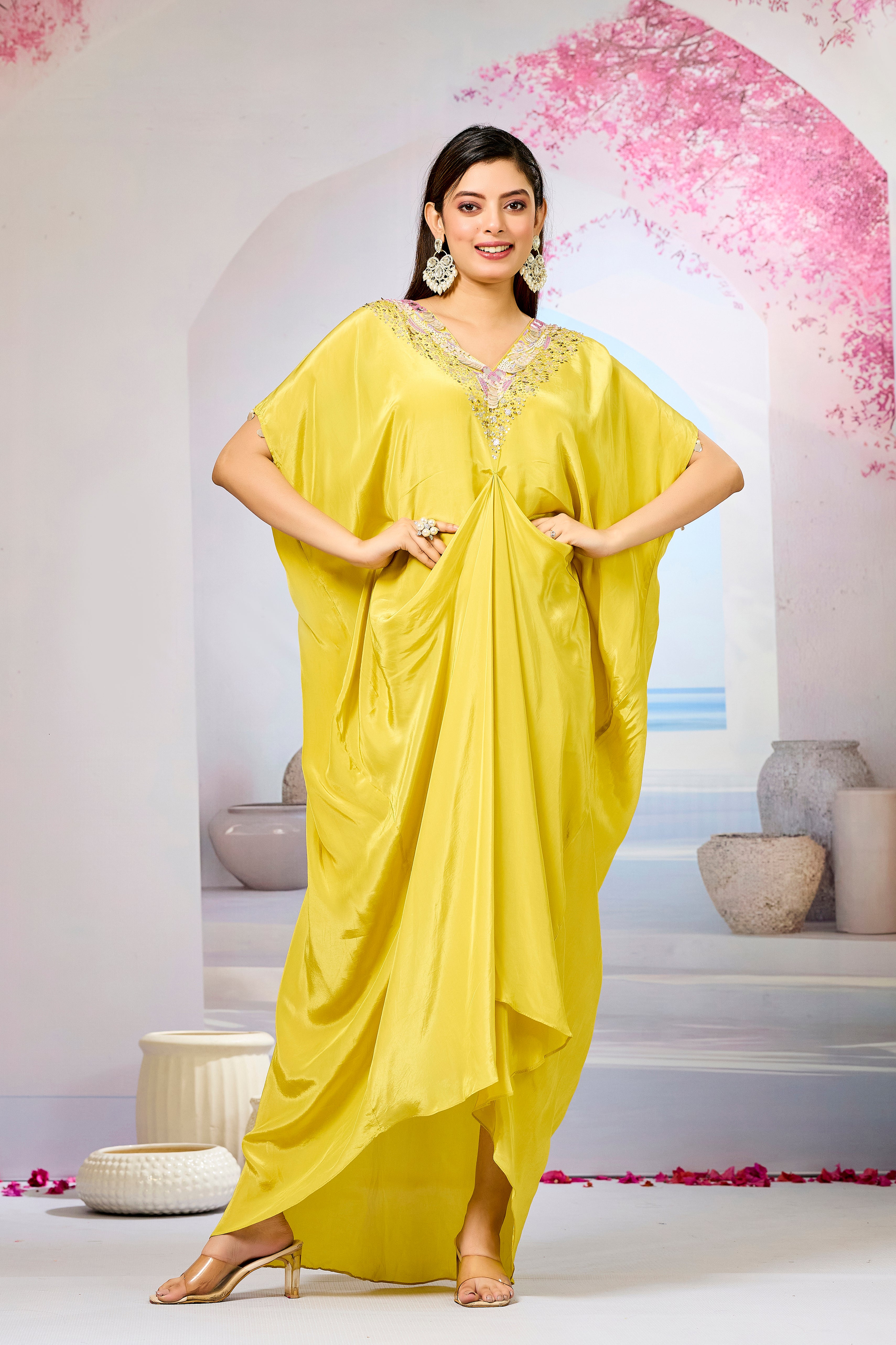 Yellow Embellished Crepe Silk Cowl Gown