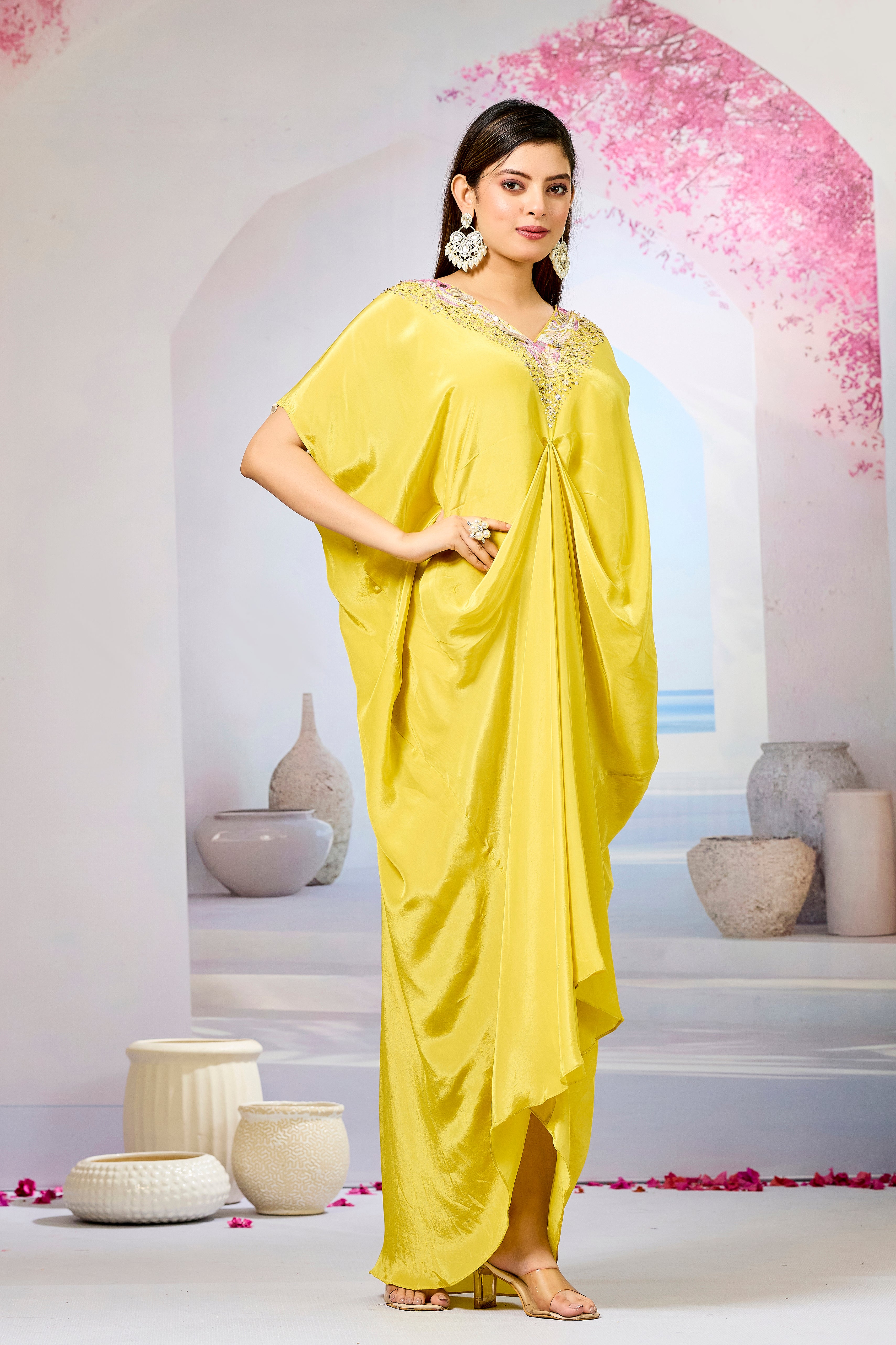 Yellow Embellished Crepe Silk Cowl Gown