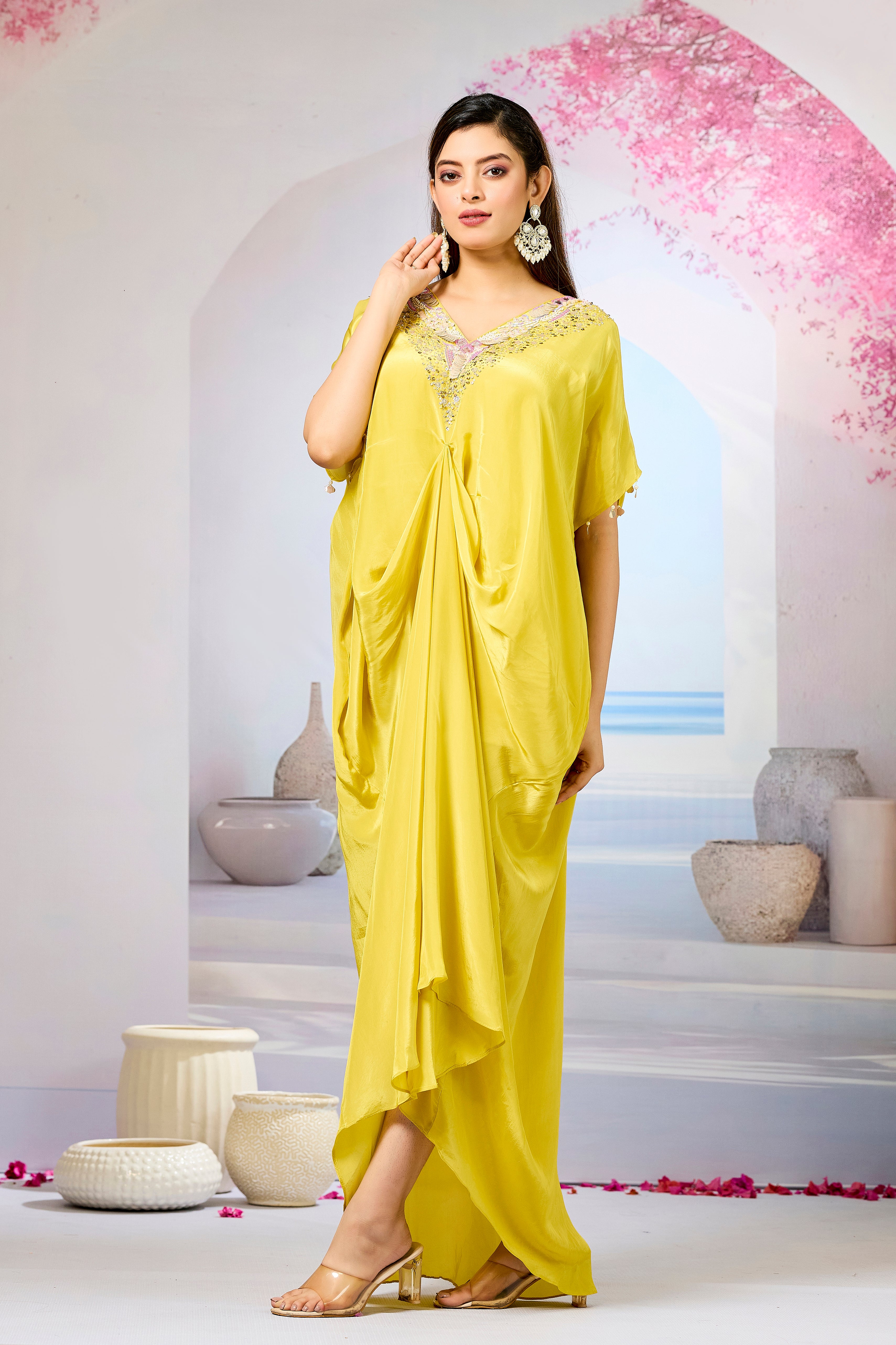 Yellow Embellished Crepe Silk Cowl Gown
