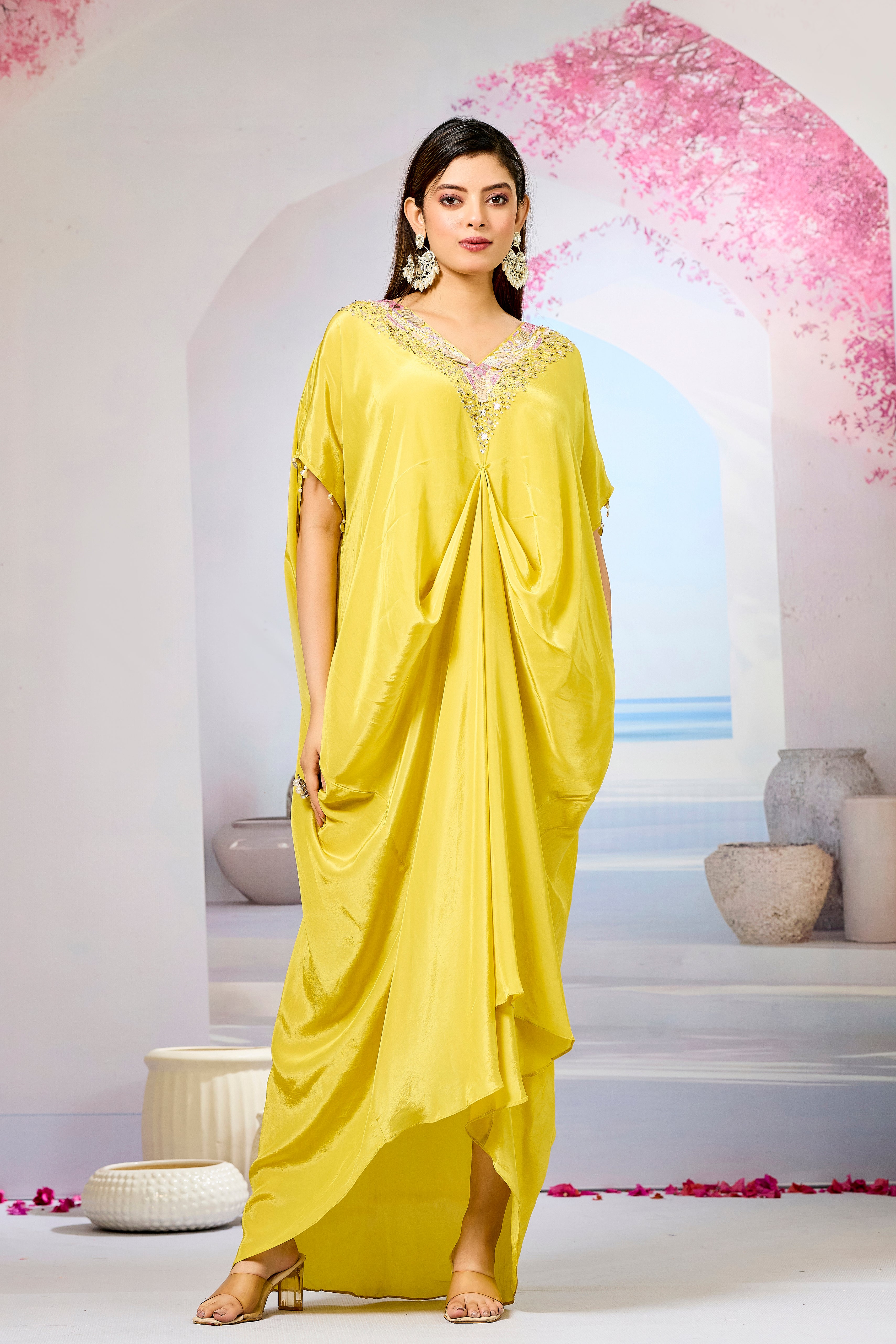 Yellow Embellished Crepe Silk Cowl Gown