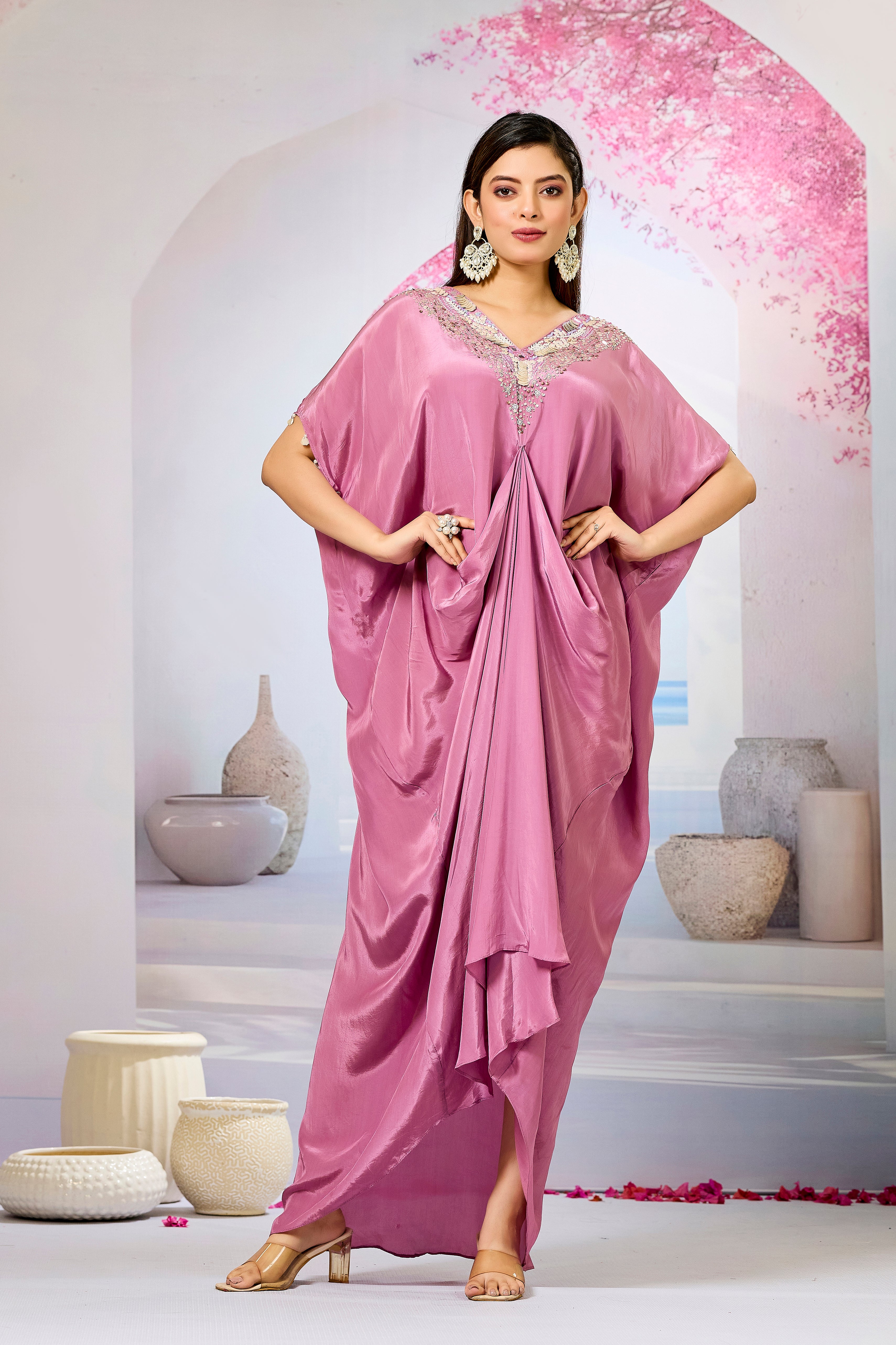 Pink Embellished Crepe Silk Cowl Gown