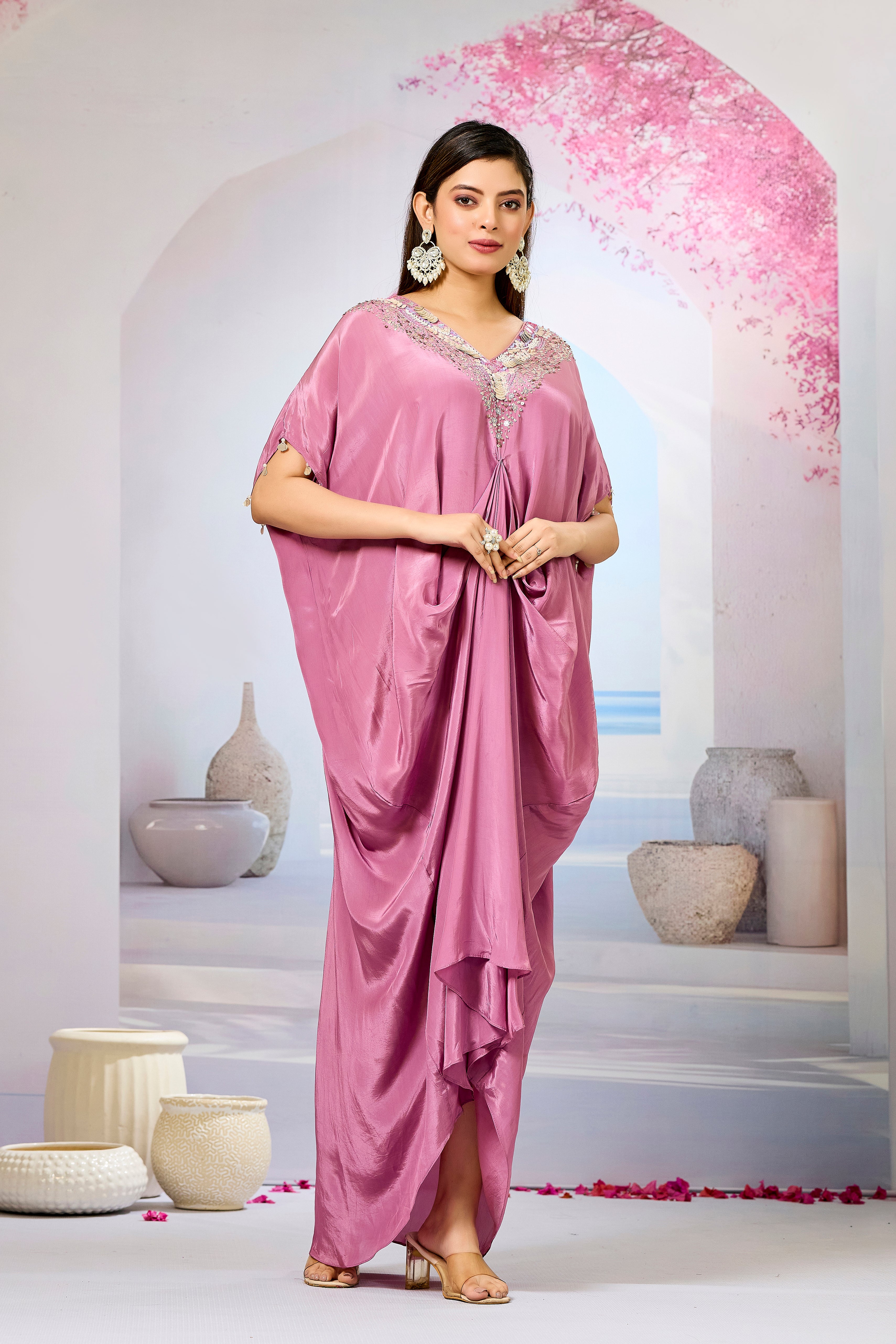 Pink Embellished Crepe Silk Cowl Gown