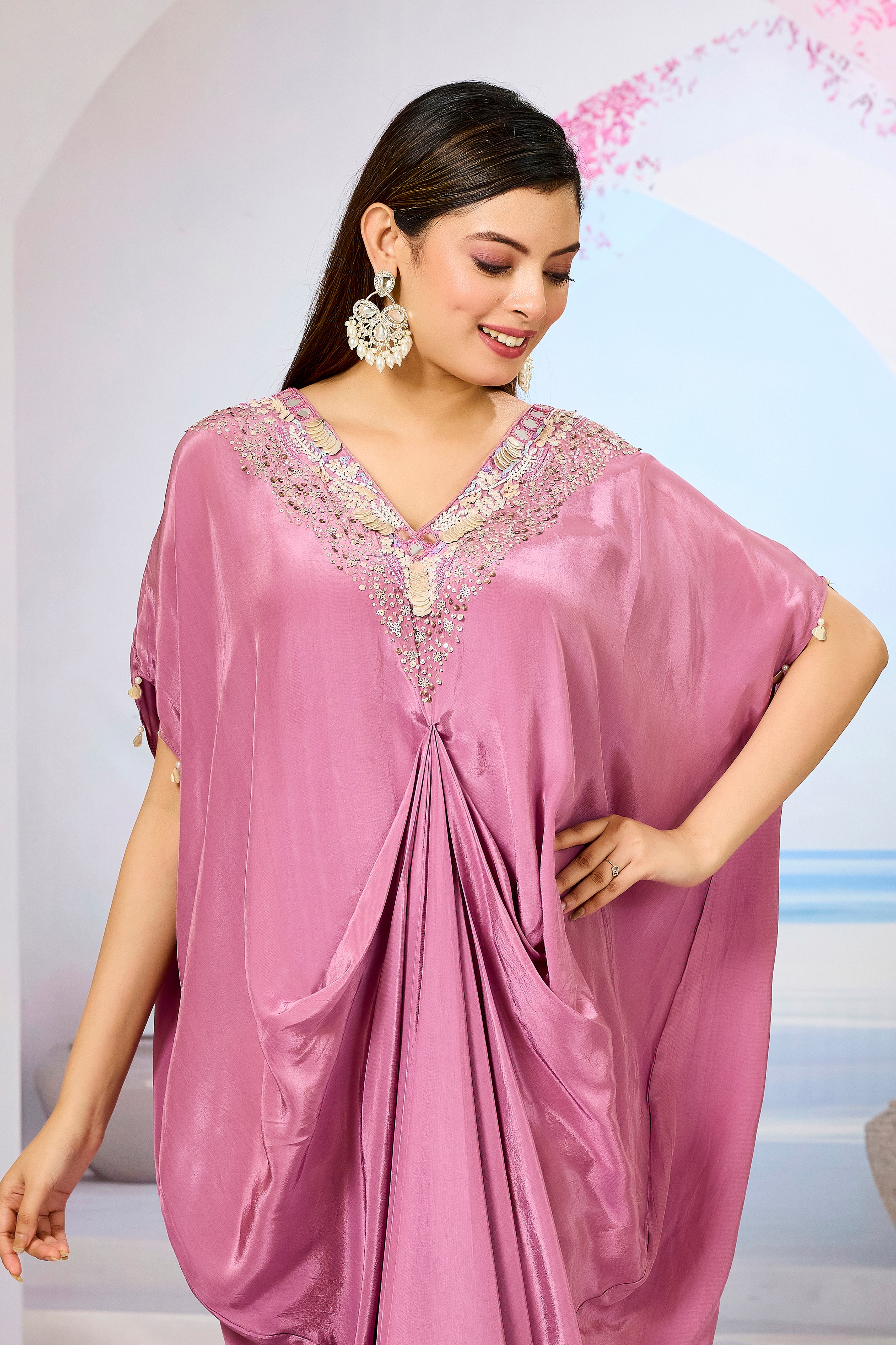 Pink Embellished Crepe Silk Cowl Gown