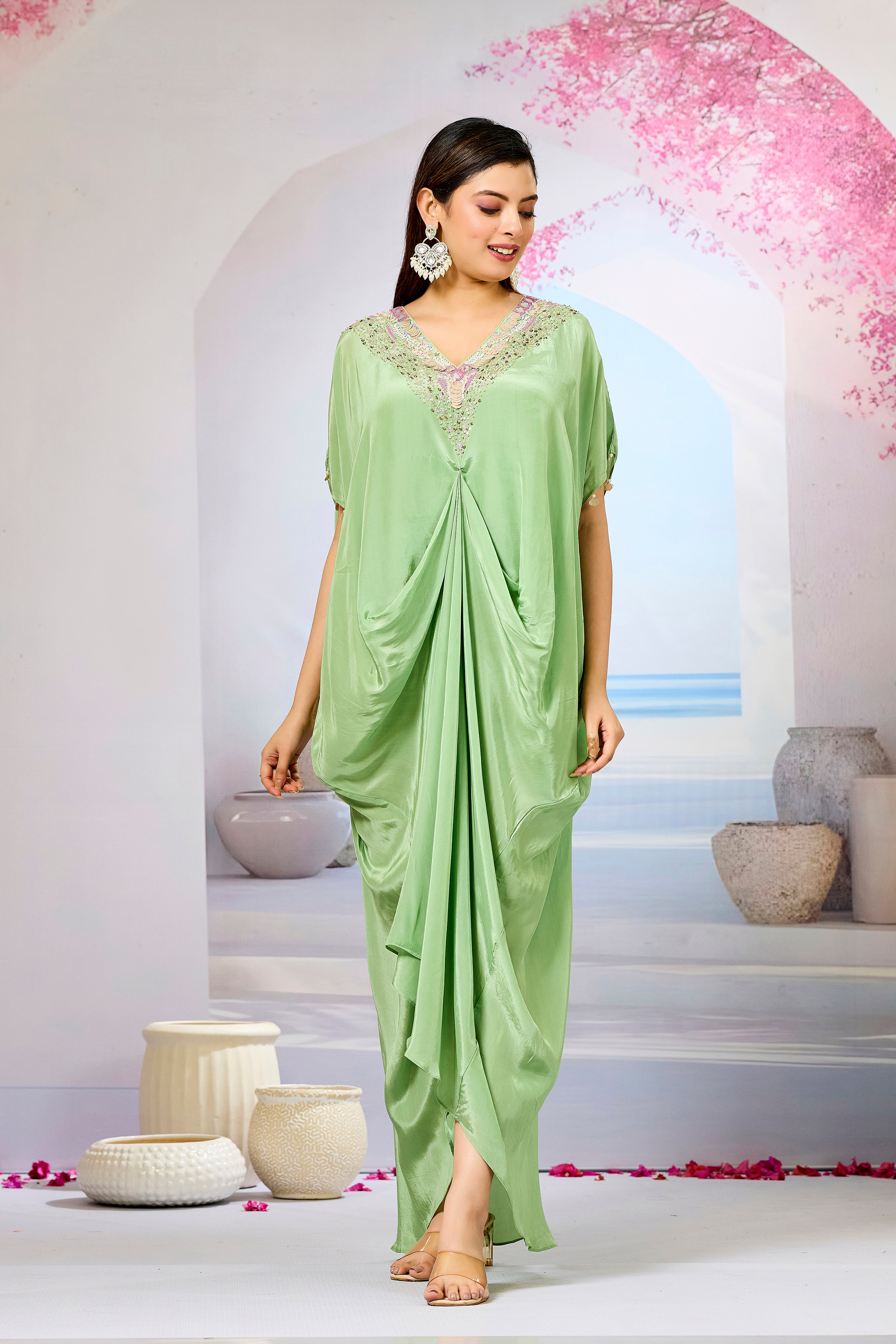 Green Embellished Crepe Silk Cowl Gown