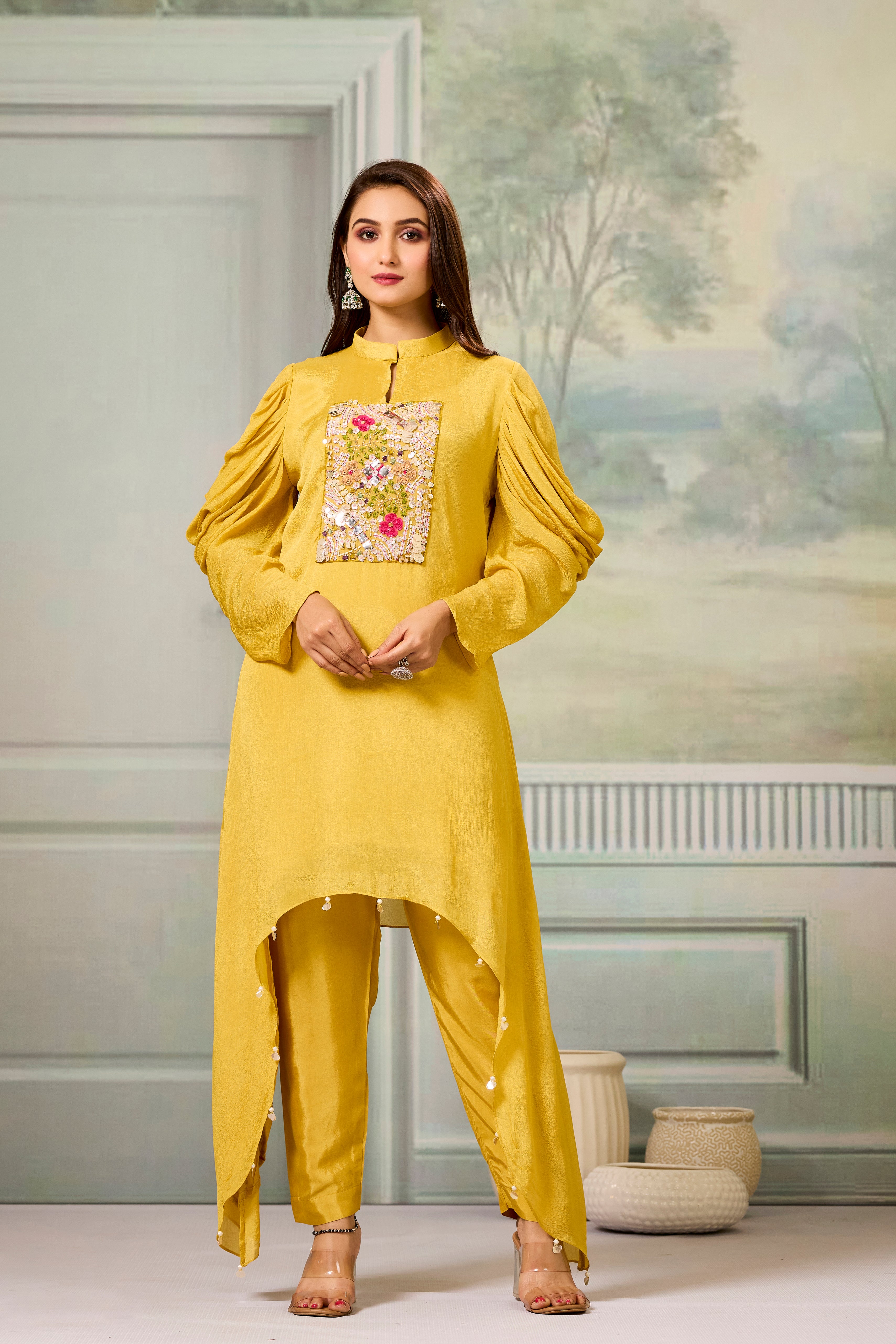 Yellow Handwork Chinon Silk Kurta Pants Set