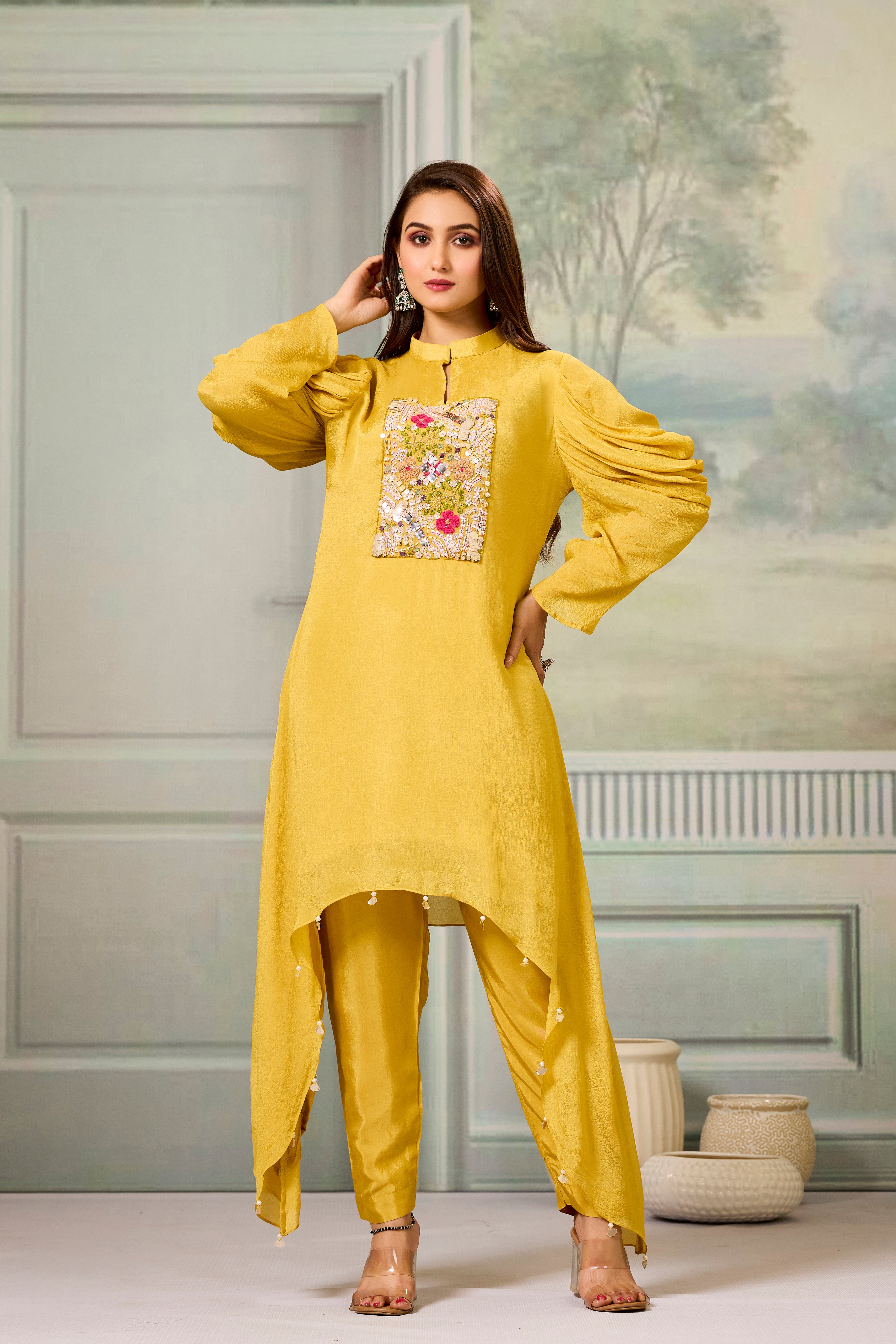 Yellow Handwork Chinon Silk Kurta Pants Set