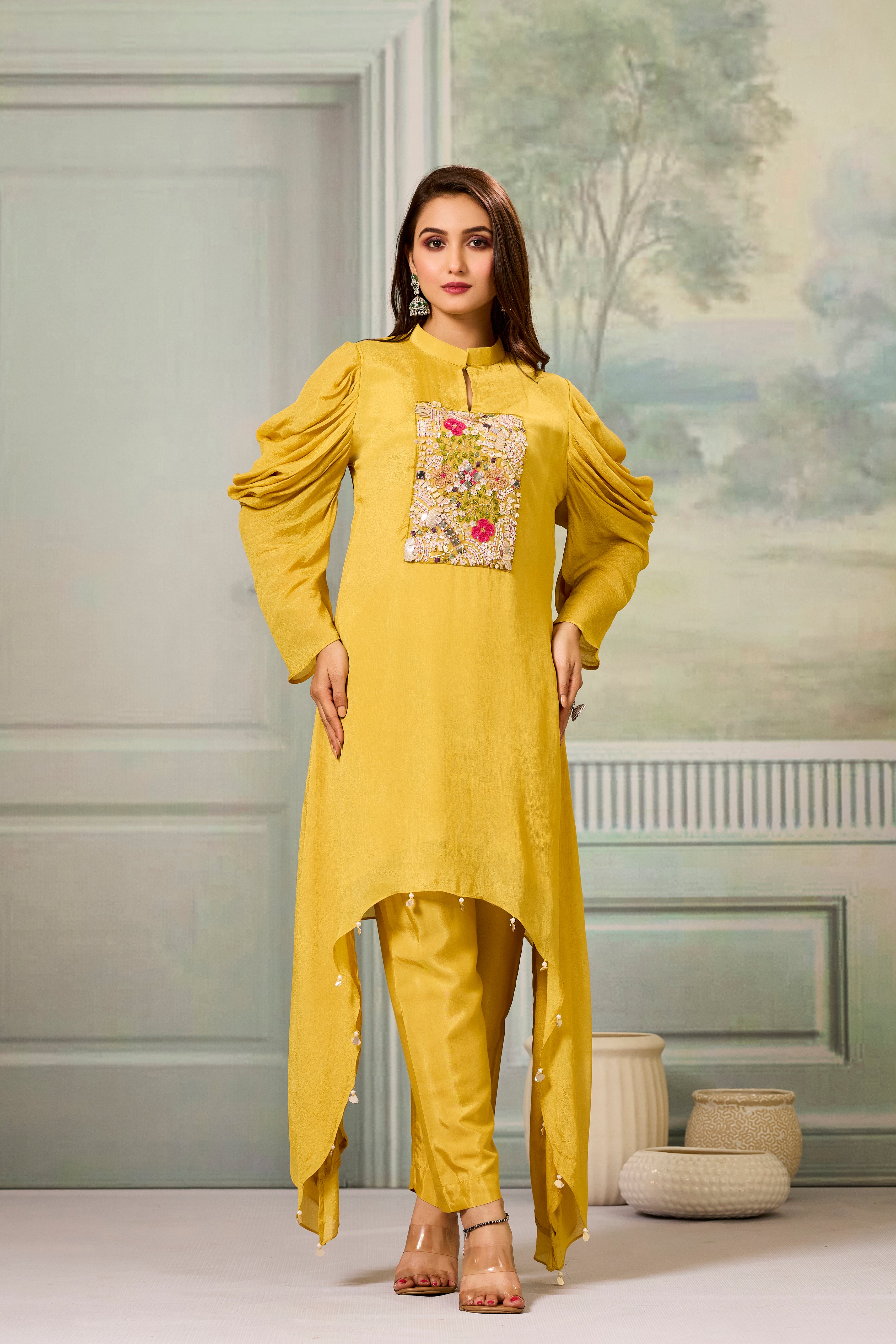 Yellow Handwork Chinon Silk Kurta Pants Set