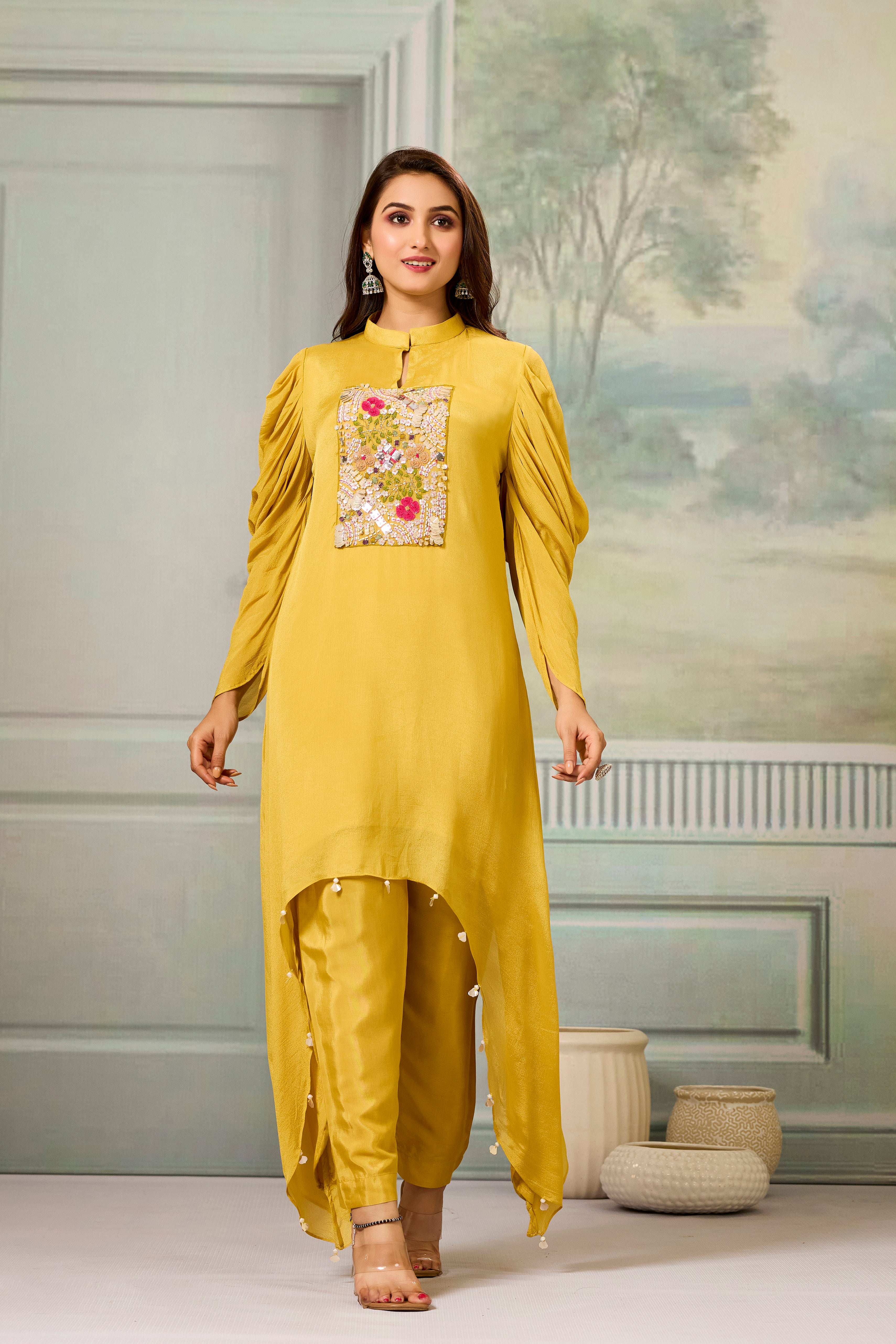 Yellow Handwork Chinon Silk Kurta Pants Set