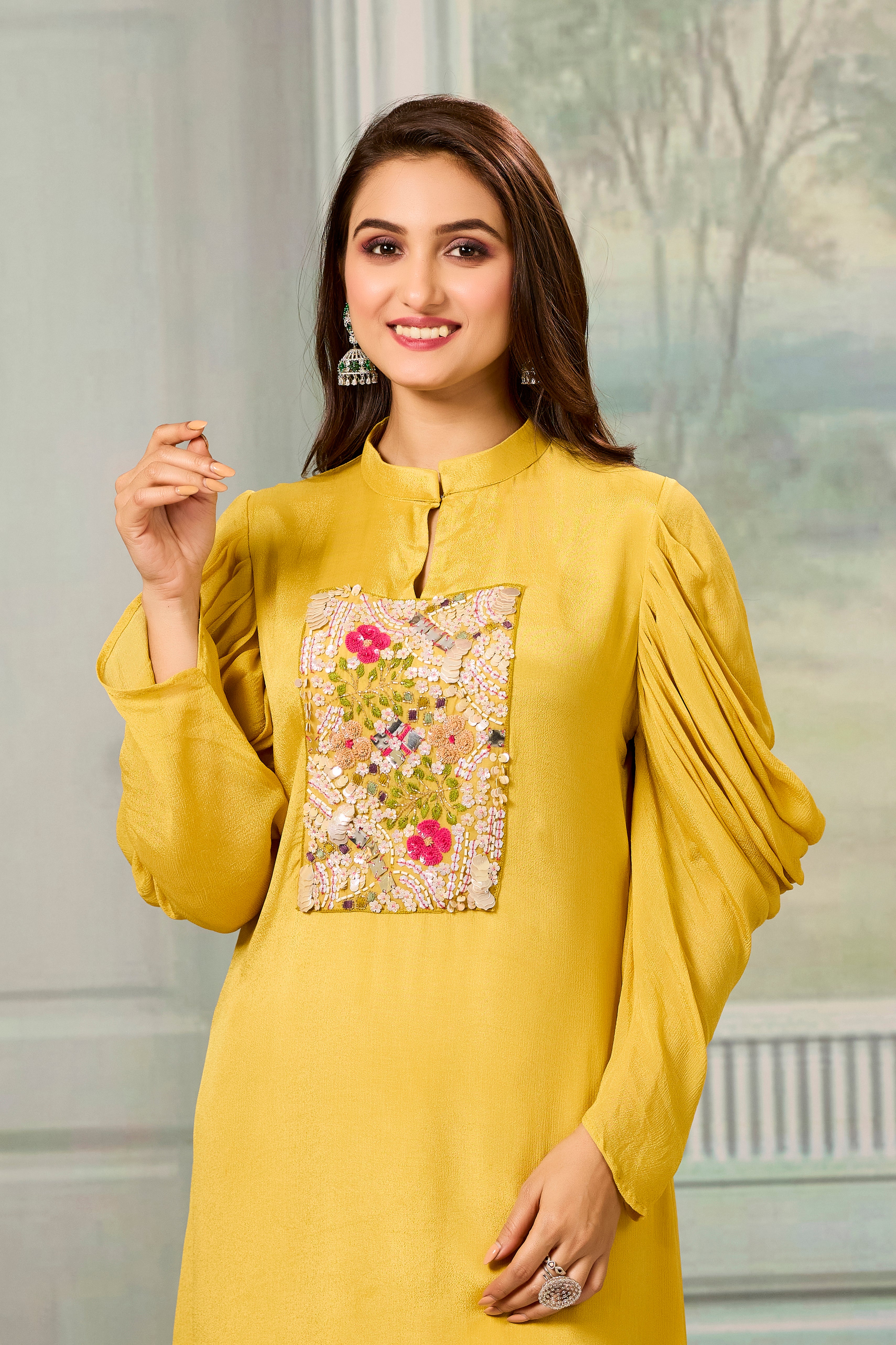 Yellow Handwork Chinon Silk Kurta Pants Set