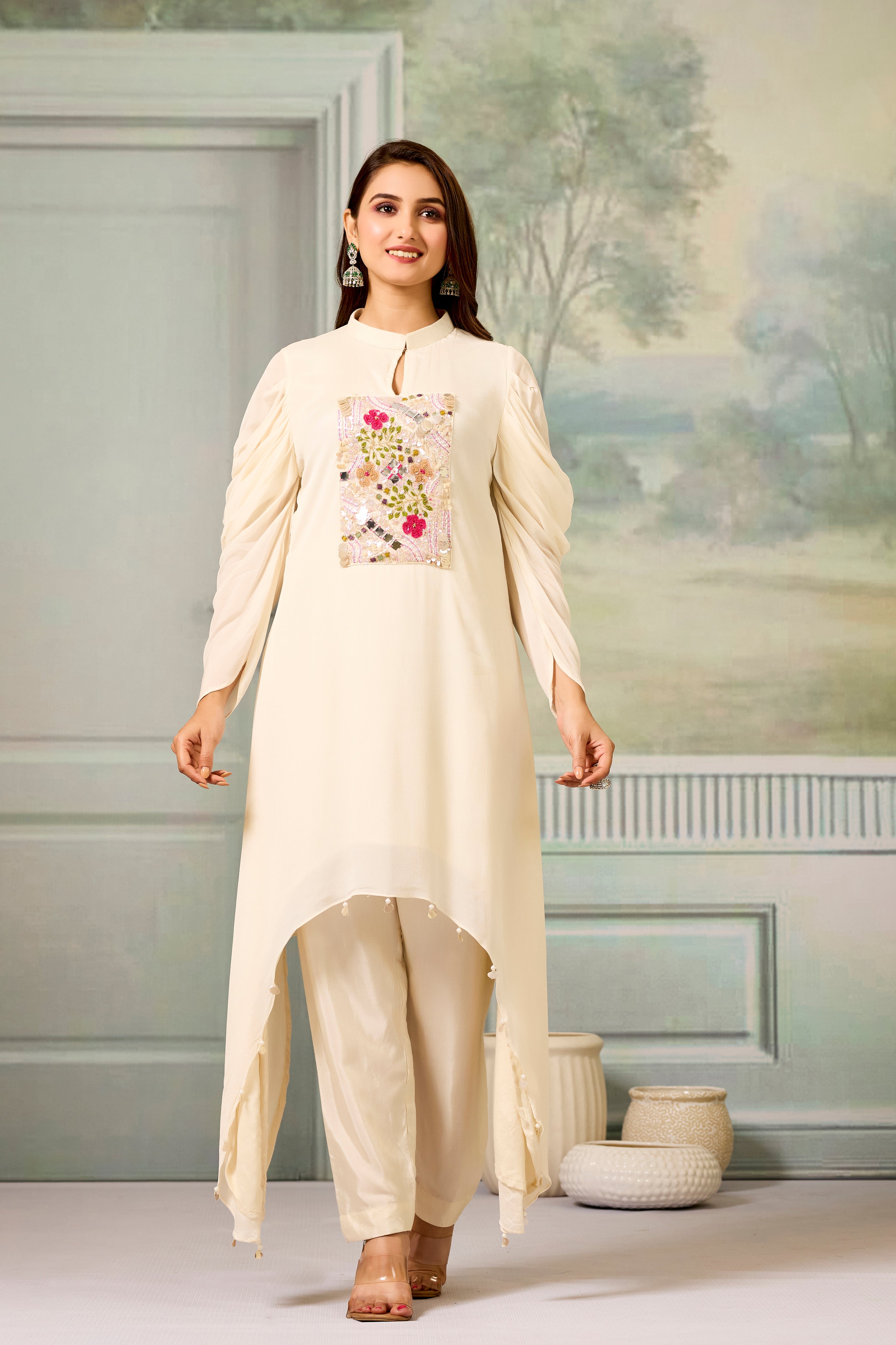 White Handwork Chinon Silk Kurta Pants Set