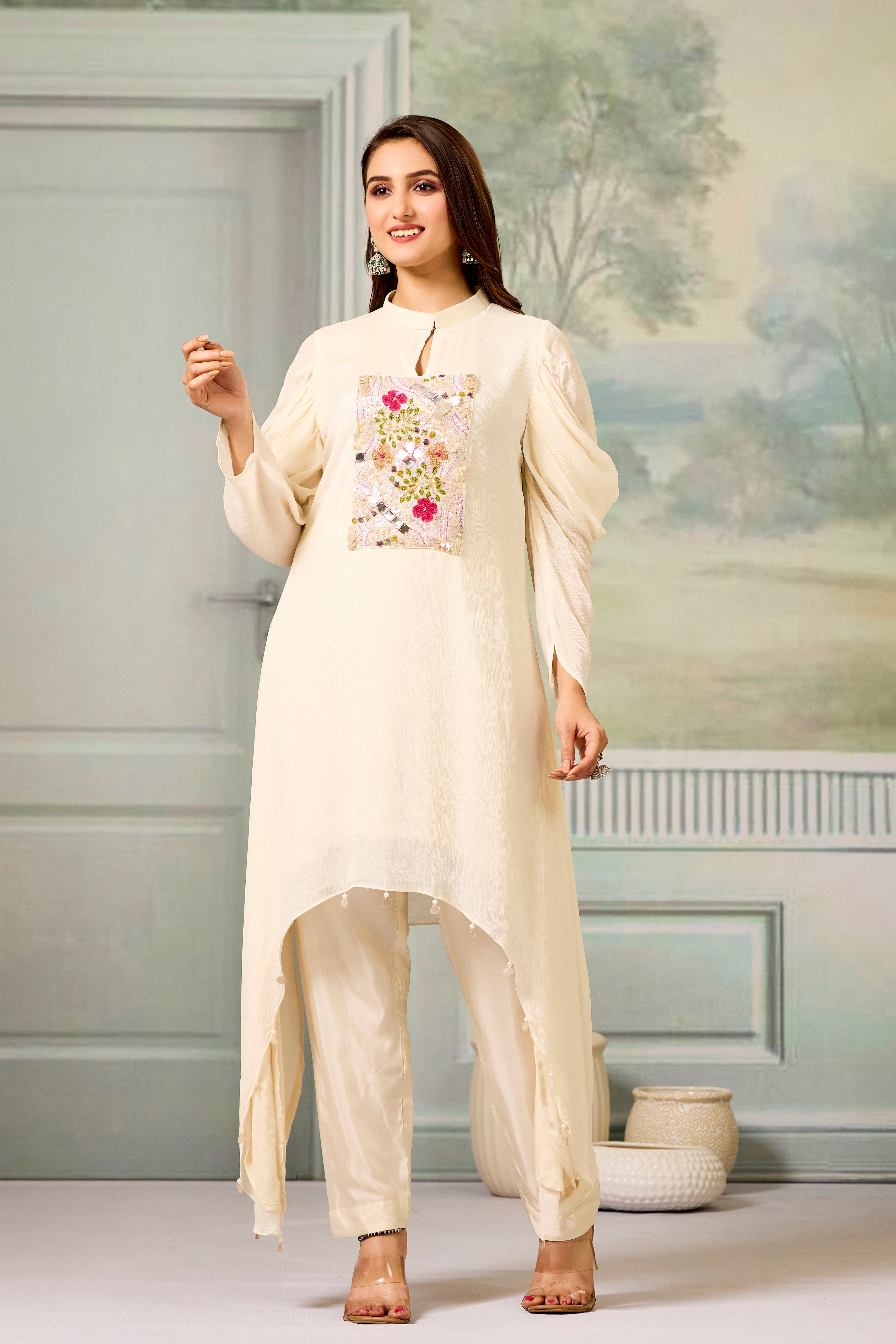 White Handwork Chinon Silk Kurta Pants Set