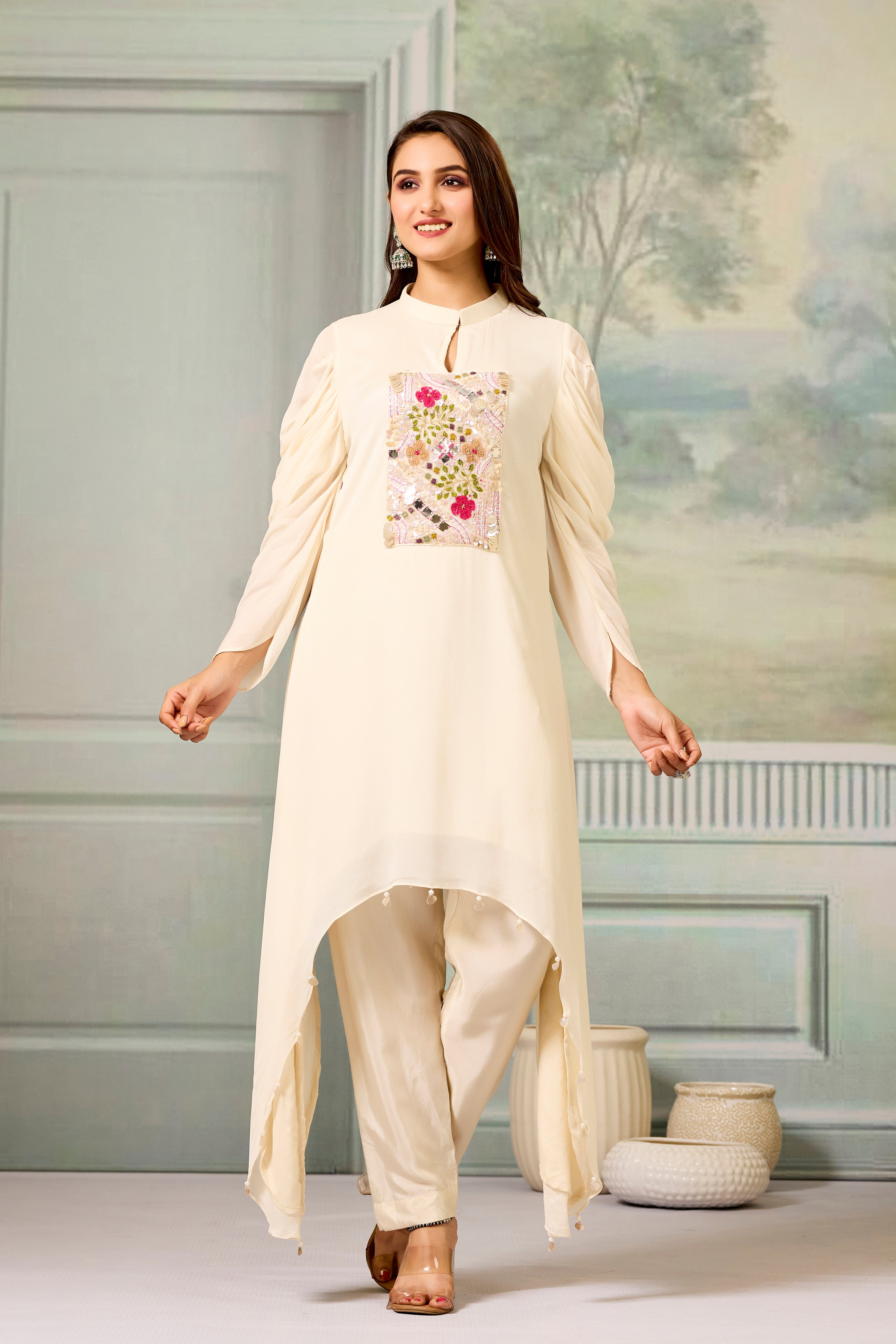 White Handwork Chinon Silk Kurta Pants Set