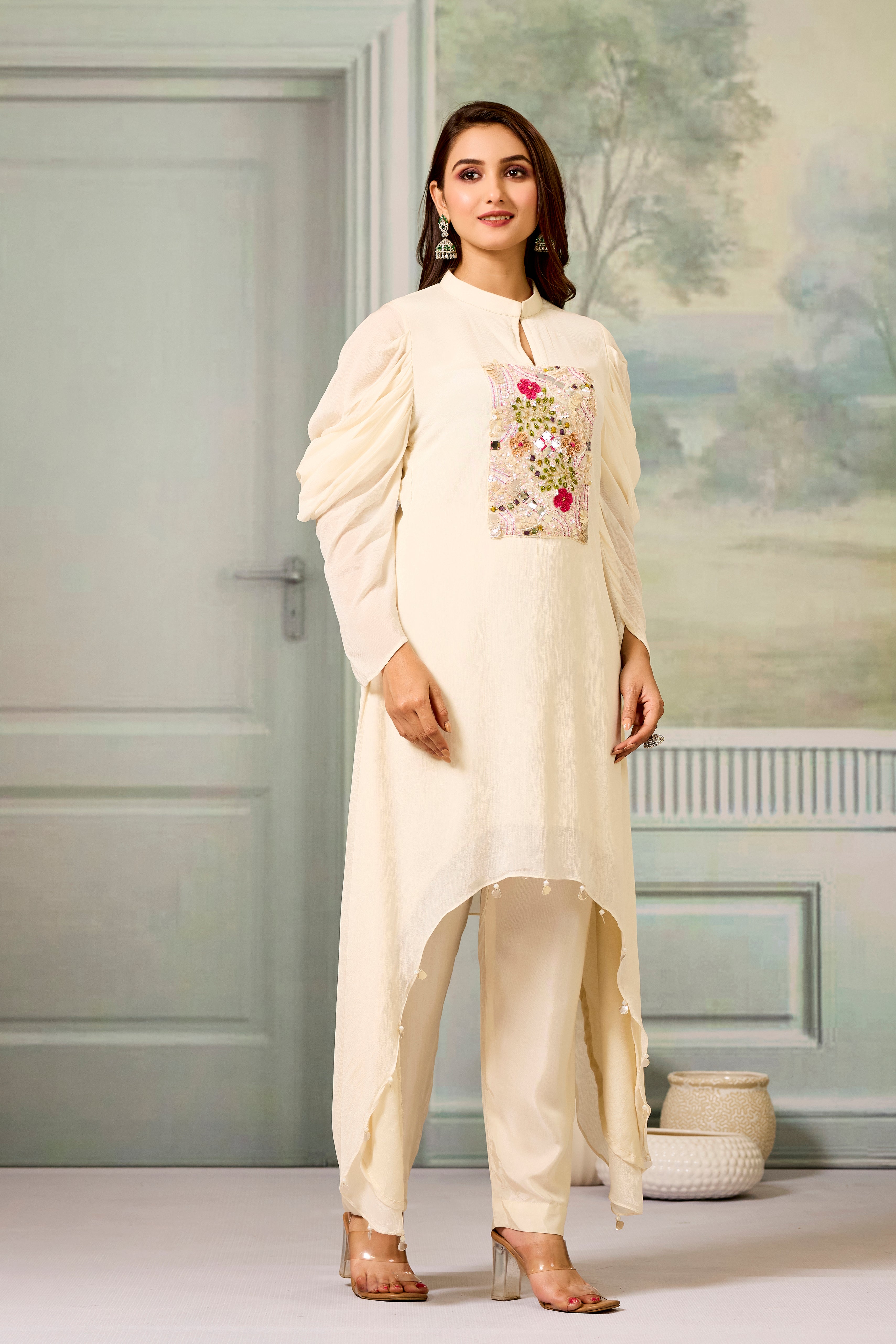 White Handwork Chinon Silk Kurta Pants Set